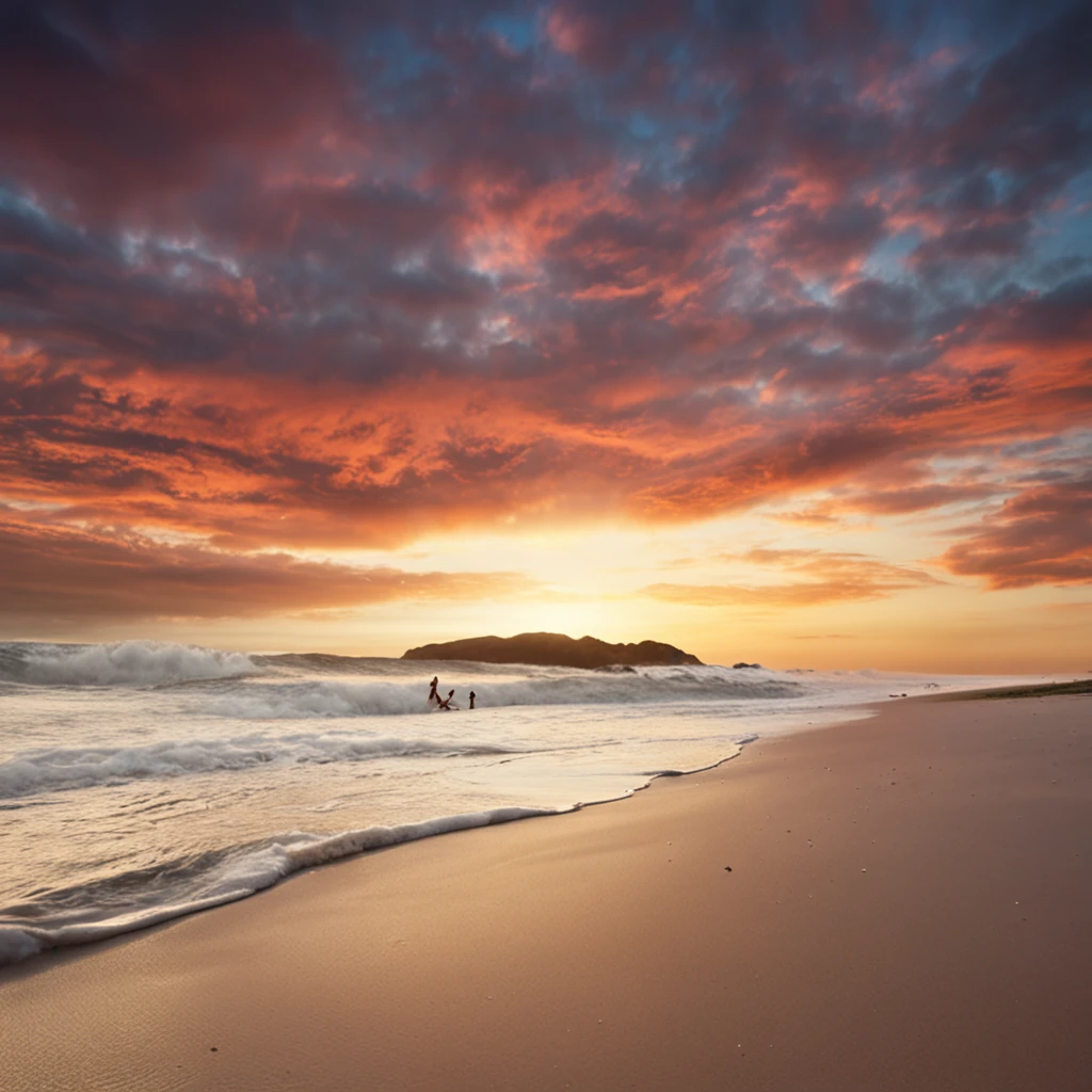Criar uma cena na praia, with family having fun on the soft white sand, com um mar exuberante e ondas batendo na praia, cores vivas e vibrantes, and sun shining in blue sky.