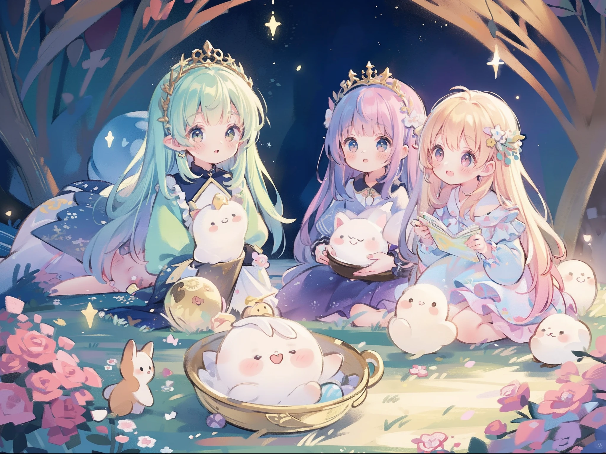 masterpiece, best quality, 8k resolution, sharp focus, intricate detail, beautiful 3girls, sparkling eyes, golden ratio face, otherworldly liquid, watercolor, pastel colors, bright colors, whimsical, colorful, sharp focus, high resolution, fine detail, ((layered tiered puffy long sleeves ballgown)), ((round eyes)), iridescent bubbles, fantasia background
