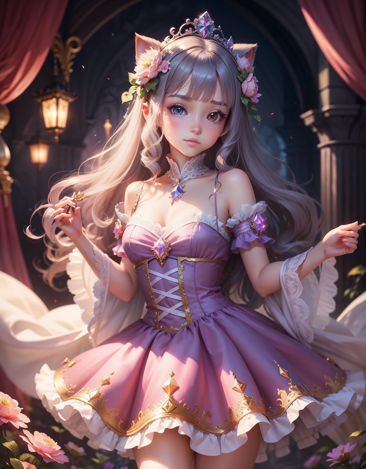 Flower cat，Castle princess，Crystal tiara，Lots of detail，Beautiful，Dreamy dynamic lighting。Super cute digital art，3Drenderingof