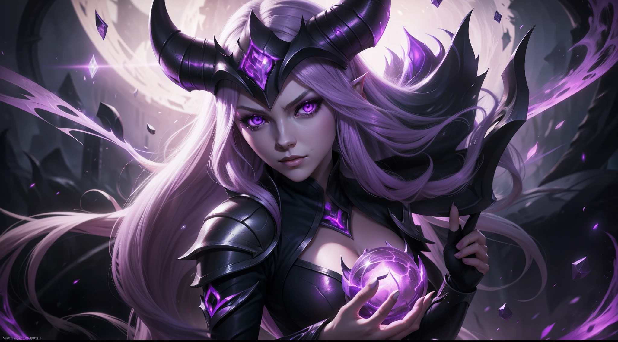Syndra from League of Legends, white long hair, with horned mask, purple eyes with purple light, black purple orbs in her hands, League of legends splash art