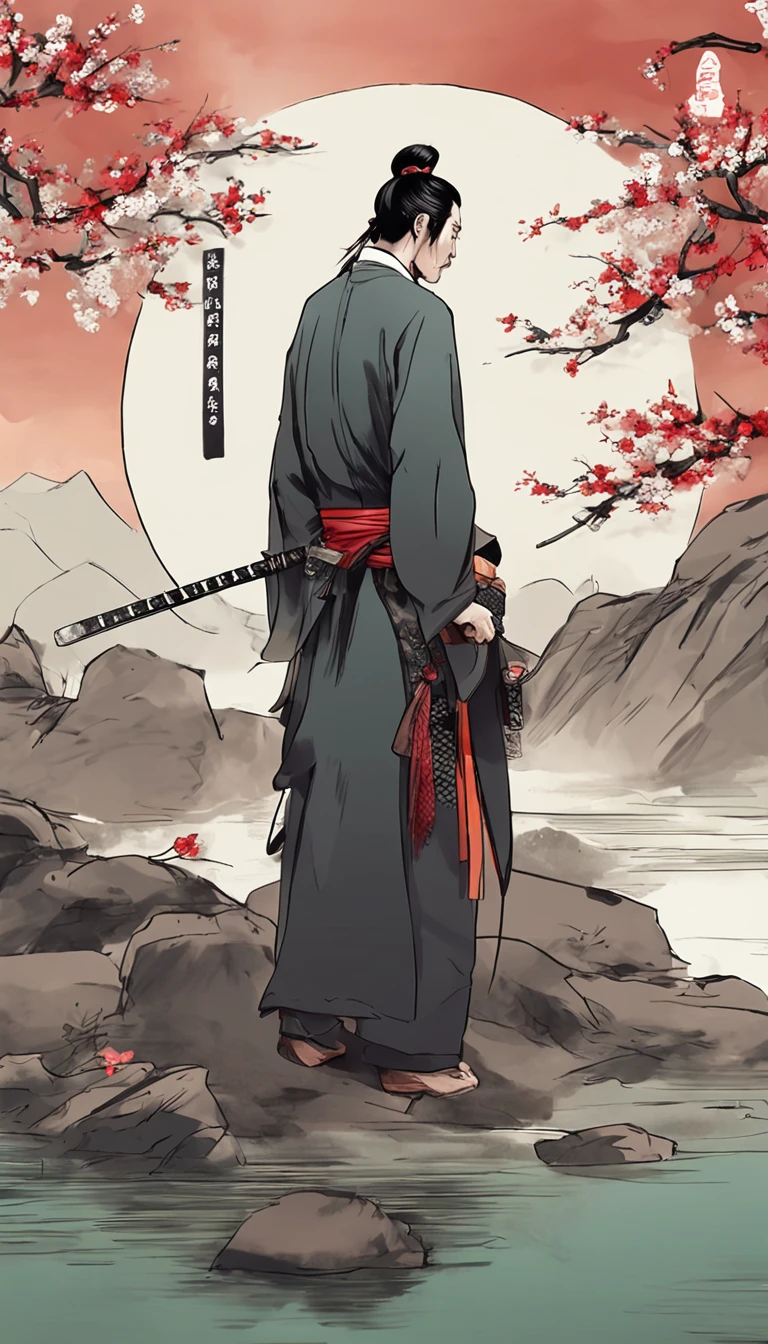 The back of the man holding the Tang knife,,Simple painting style,sumi-e,Chinese style painting techniques,soio,anime concept art