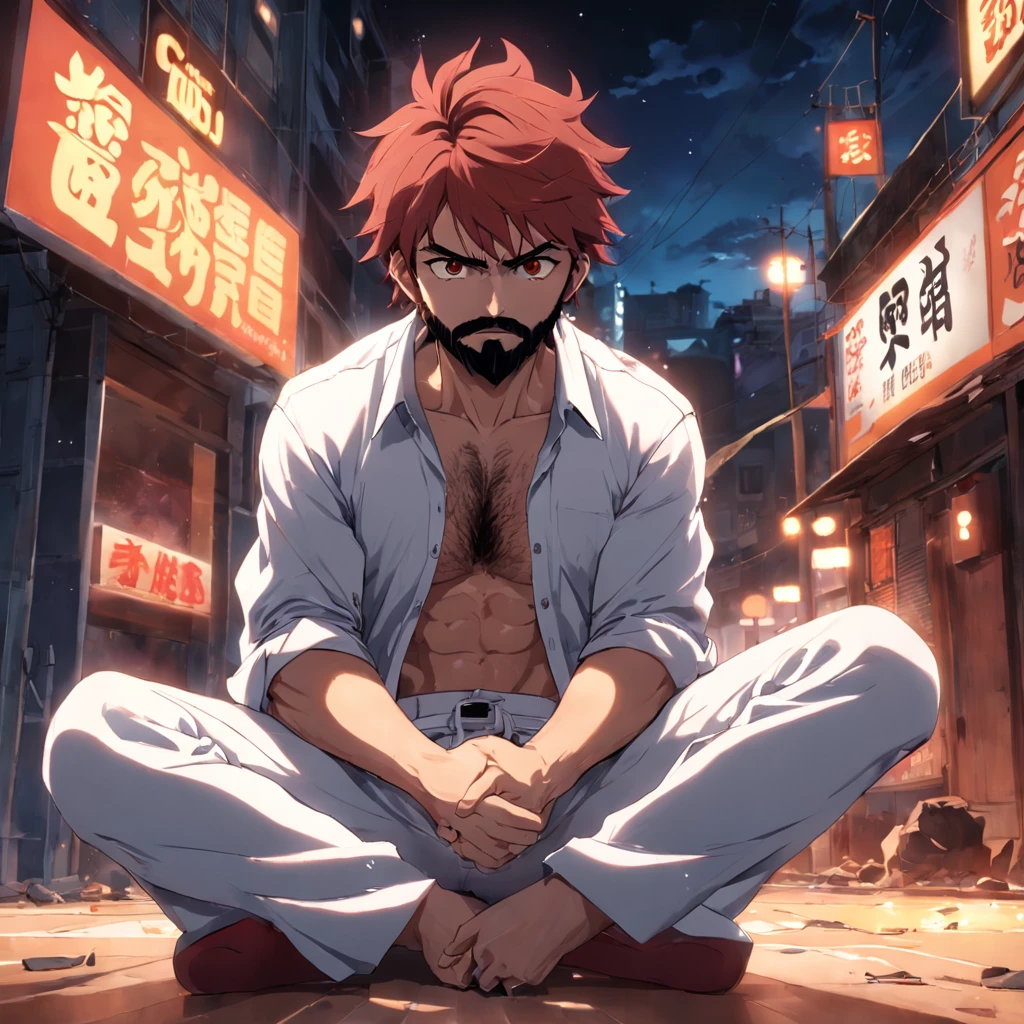 HOMEM IDOSO E COM BARBA, BONITO, standingn, ILLUMINATED OPEN HANDS, CAMISA JEANS POR FORA, CAMISA BRANCA POR DENTRO, white long pants, WHITE AND RED SNEAKERS, attack position, PULANDO E SOCANDO, EXPRESSION OF THE ANGRY FACE, OLHOS AZUIS, CABELO CASTANHO, Soft lighting and Warm, sunset