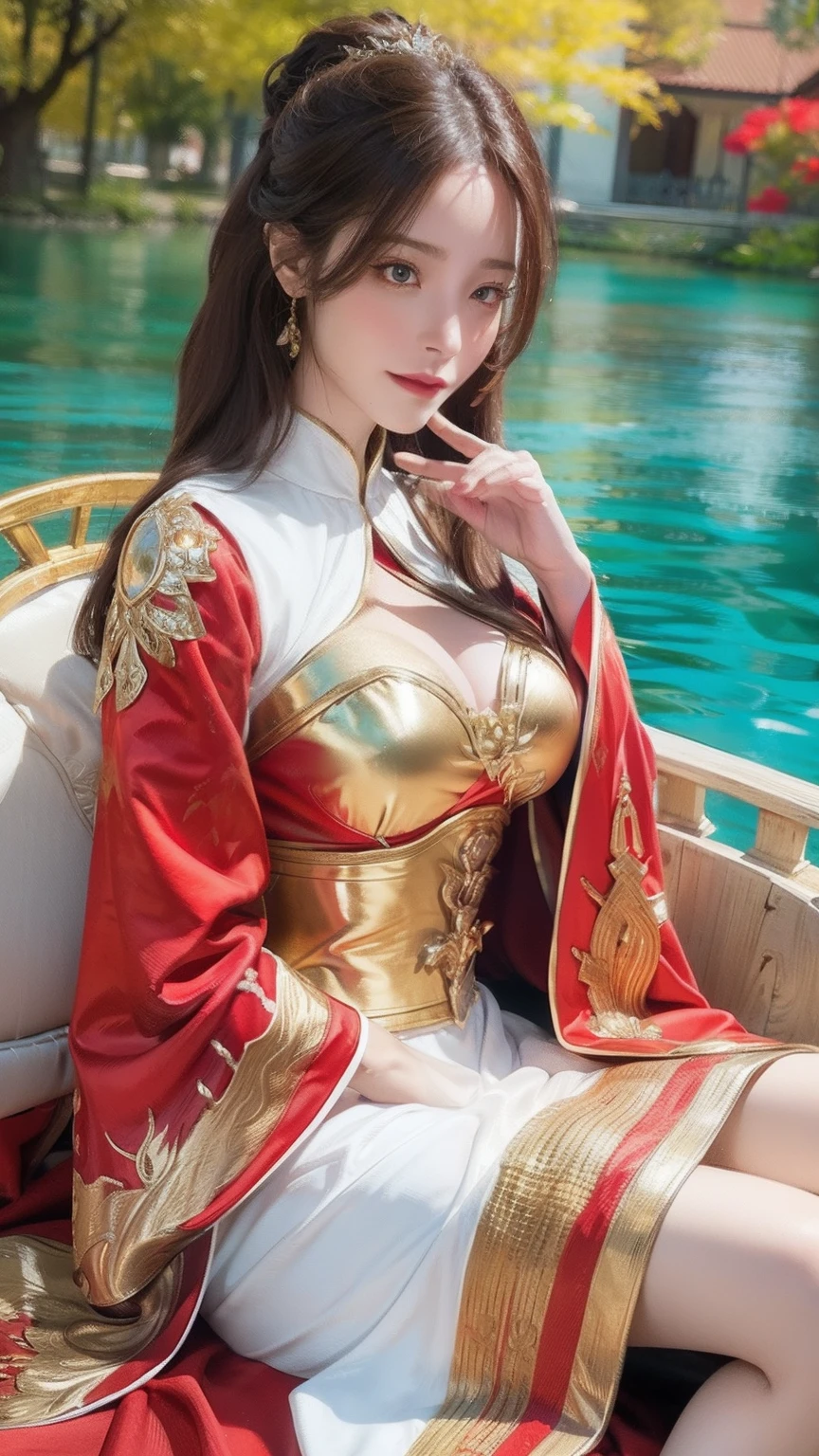 The Araved woman in a red dress sits on a red bench by the water, a photorealistic painting inspired by Magali Villeneuve, cgsociety contest winner, Fantasy art, wearing gilded red robes, lady in red armor, wearing gilded red royal robes, Gorgeous Role Play, scarlet witch costume, wearing red sorcerer's robes, Red robe, aly fell and artgerm