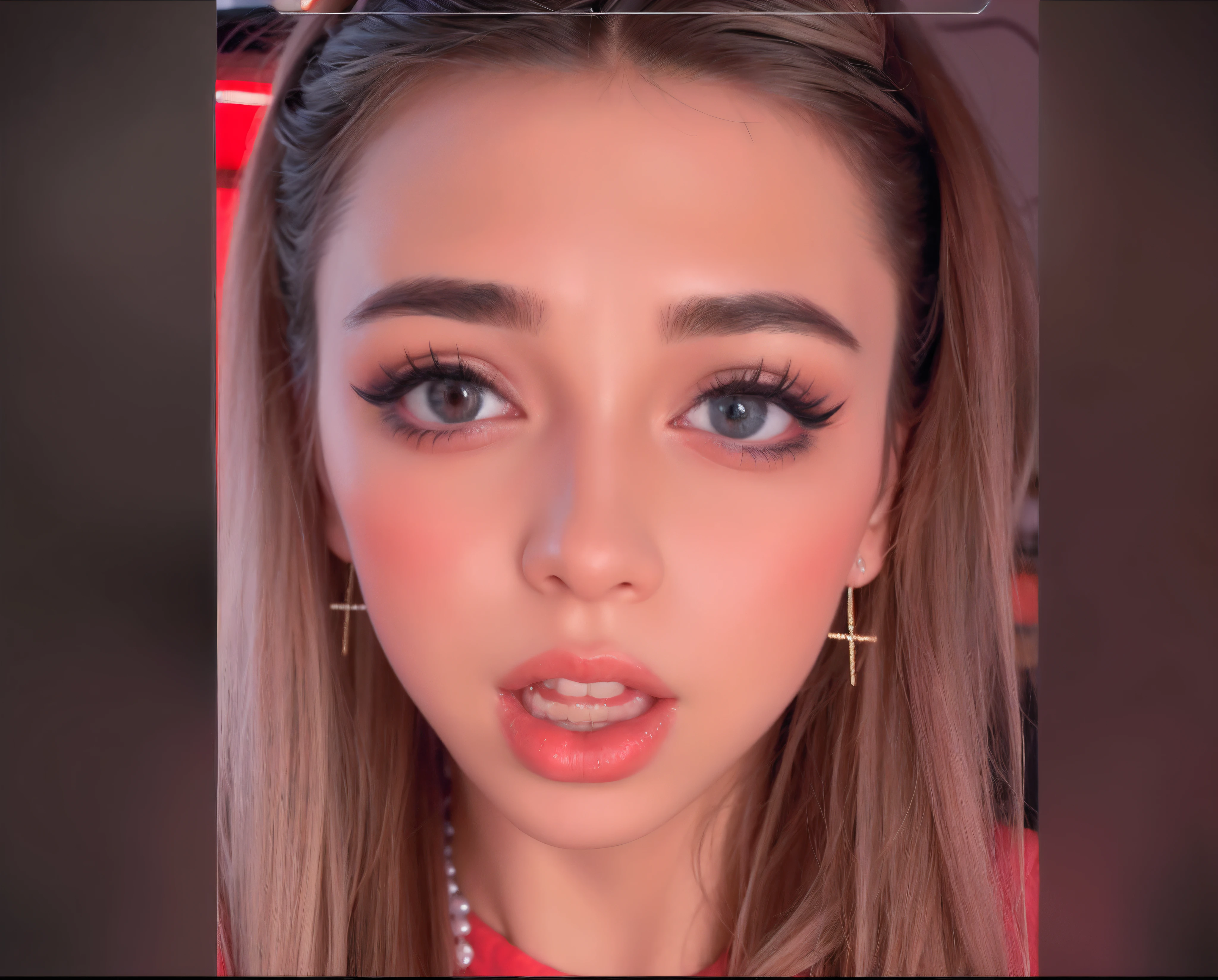 Nahaufnahme einer Frau mit langen Haaren und einer Halskette, belle delphine, hyperrealistischer ager, Pokimane, Hyperrealistisches Gesicht, Weiches Devil Queen Madison Bier, ultrarealistisches Gesicht, Sexy Gesicht mit vollem Make-up, Nahaufnahme Gesicht, riesige, nach unten geneigte Augen, Nahaufnahme im Gesicht, Erschrockener Blick, Ultrarealistische Gesichter, portrait sophie mudd