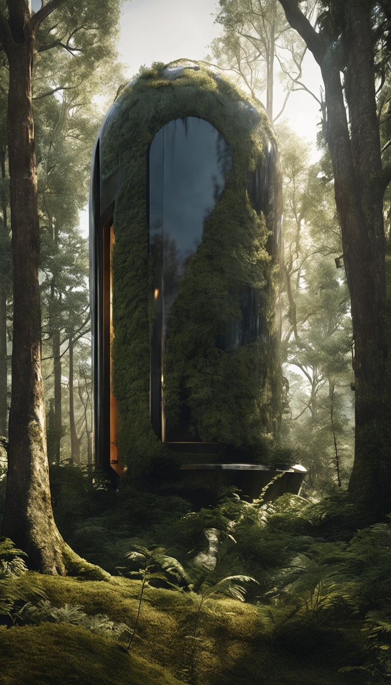 In a dense, shadowy forest where the trees loom tall and twisted, a faint, ethereal glow beckons from behind the foliage. Concealed amidst the underbrush and ancient tree trunks lies a sleek, futuristic cryochamber sleeping pod. Its modern, minimalist design contrasts starkly with the wild, untamed surroundings. The pod's seamless door hints at the sanctuary within, and a gentle luminescence escapes from its edges, creating a halo of light in the surrounding darkness, hinting at the wonders and mysteries housed inside