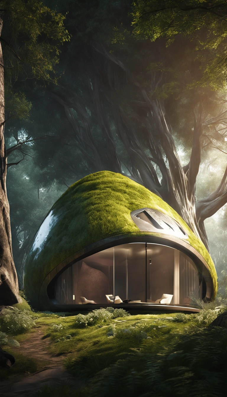 In a dense, shadowy forest where the trees loom tall and twisted, a faint, ethereal glow beckons from behind the foliage. Concealed amidst the underbrush and ancient tree trunks lies a sleek, futuristic cryochamber sleeping pod. Its modern, minimalist design contrasts starkly with the wild, untamed surroundings. The pod's seamless door hints at the sanctuary within, and a gentle luminescence escapes from its edges, creating a halo of light in the surrounding darkness, hinting at the wonders and mysteries housed inside