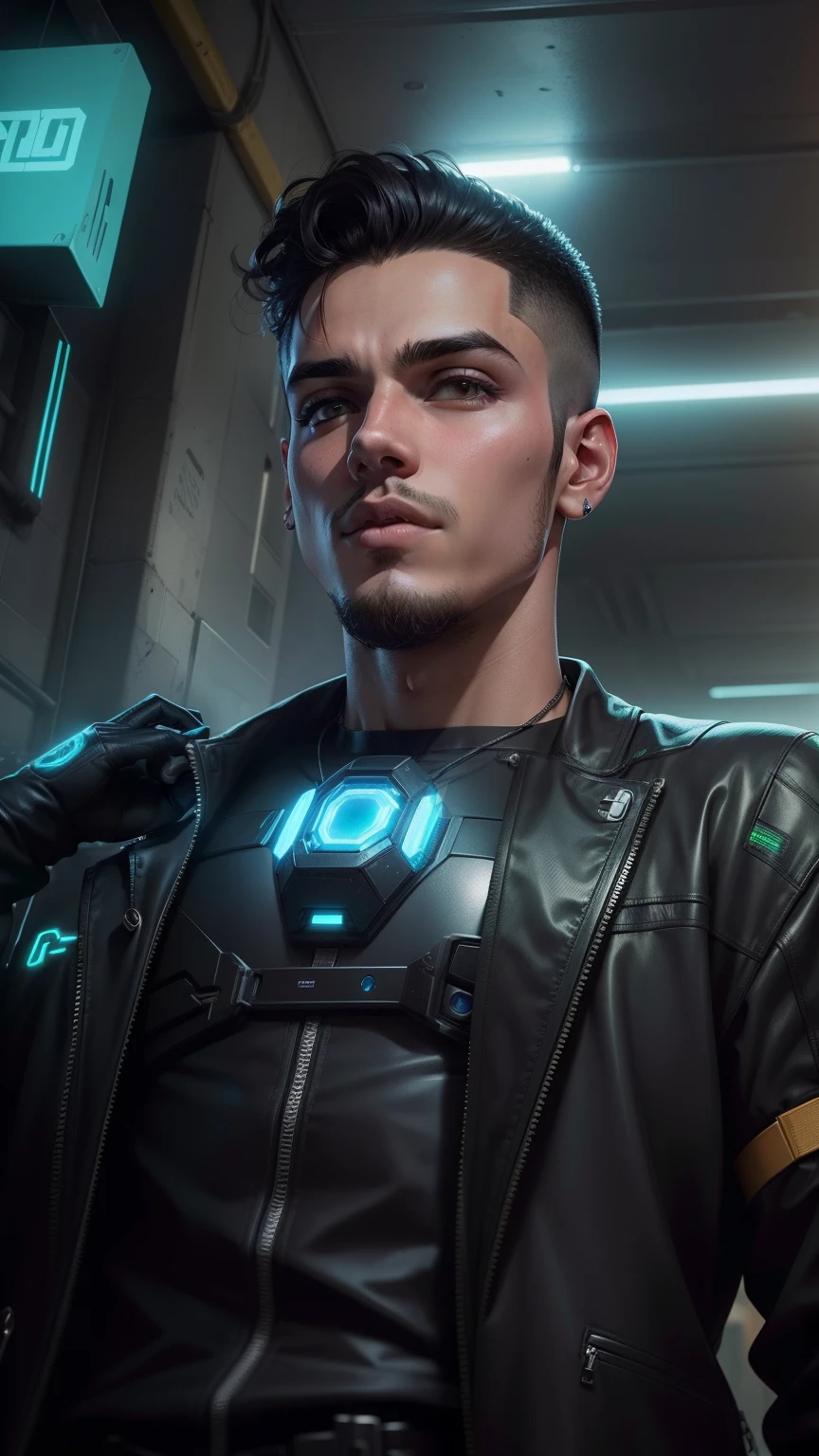 Mude o fundo menino bonito com rosto realista no estilo cyberpunk e dia chuvoso