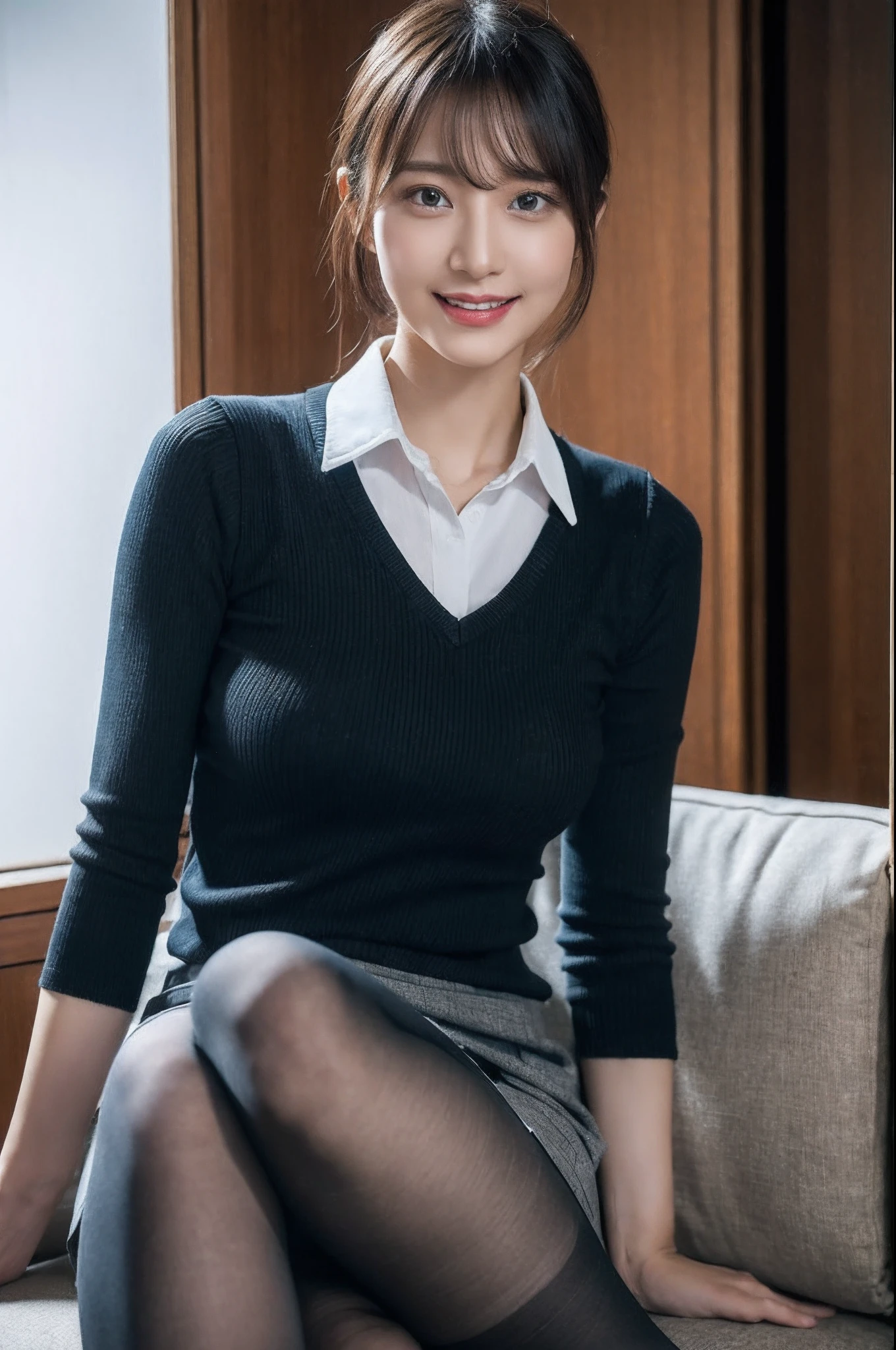 There is an office lady sitting cross-legged on the sofa, (Wearing pantyhose,Realistic Pantyhose)、Skirt and thighs、wearing a vest、White ultra-thin shirt、in a strict suit, Poses variadas, 30 year old female, 3 0 years old woman, 165 cm tall, Full legs、A smile、Raw photo, (8K、top-quality、​masterpiece:1.2)、(intricate detailes:1.4)、(Photorealsitic:1.4)、octane renderings、Complex 3D rendering ultra detail, studio lights, Rim Lights, vibrant detail, super detailing, realistic skin textures, Detail Face, Beautiful detail eyes, Very detailed CG Unity 16k wallpaper, make - up, (detailedbackground:1.2), shinny skin、Exposed thighs!!!、