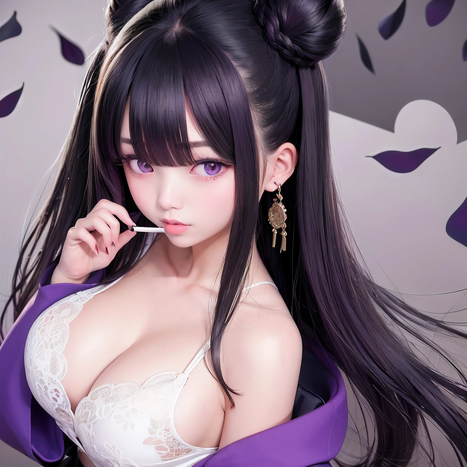 The upper part of the body、1人、A dark-haired、Bun hair、mansion、Purple Eye、Gorgeous kimono、off shoulders、Large breasts、Chest、cigarette、Having a cigarette、Japan anime-style odd eye spell, rain falling