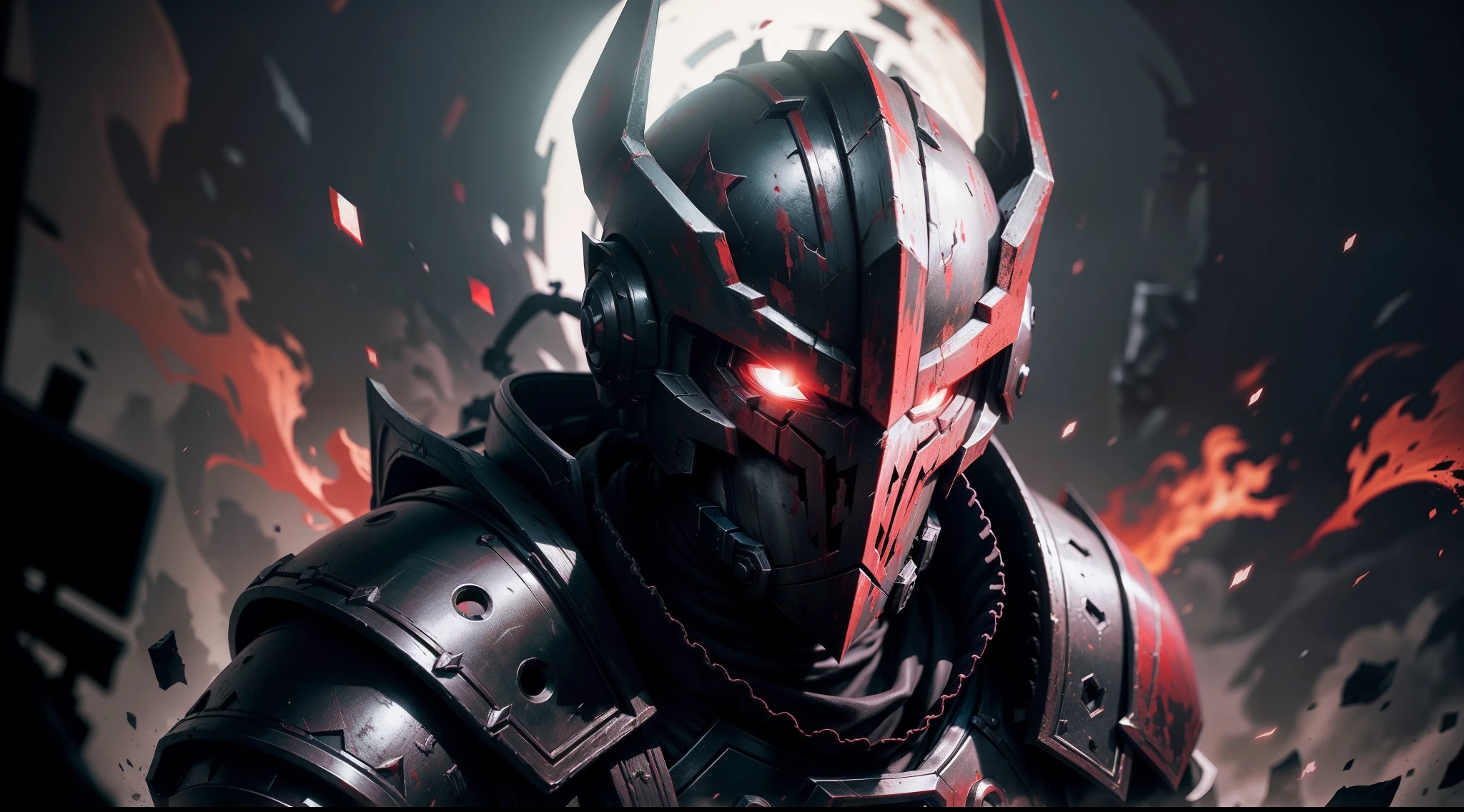 The image of the League of Legends robbery character，Blood-red helmet，Dark black armor，Dark-toned environment，Medieval warfare style，Dark black tones，Dark light，Illustration style，Movie Sony lens，8K quality。