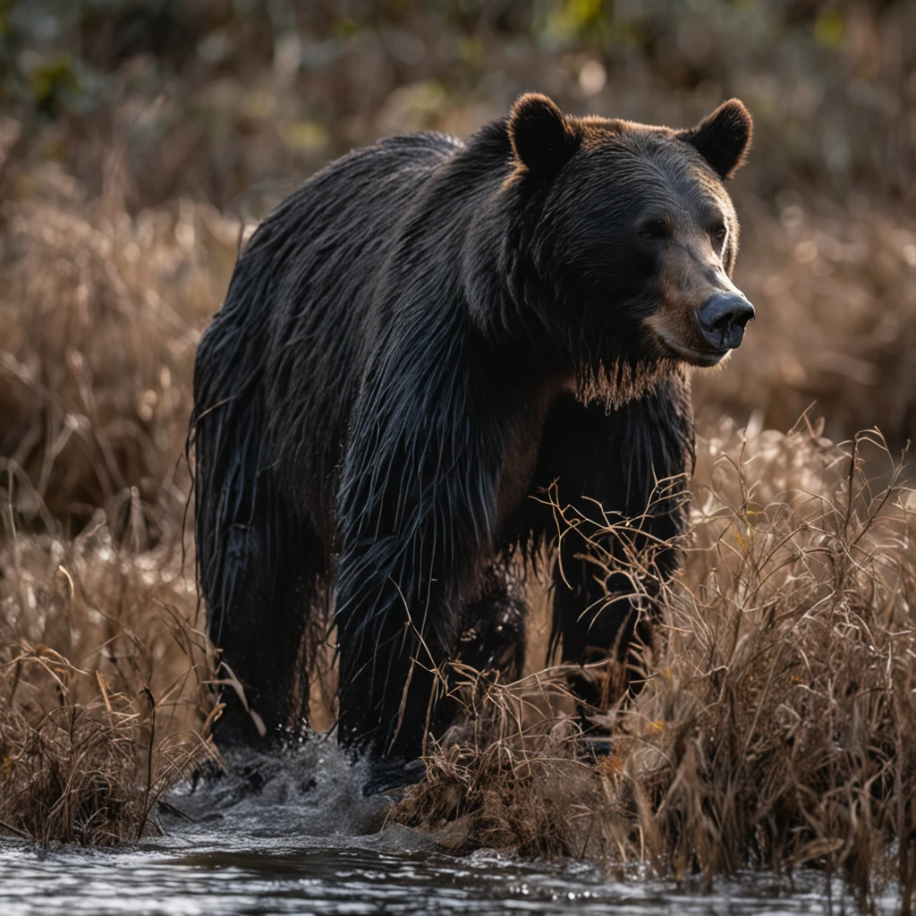 A 7-meter, red-eyed black bear walking on four legs in the swamp, their hair is shaggy, pontudos e resistente, longas garras e dentes, de seu corpo escorre um liquido venenoso, realista, arte digital premiada, energetic, (insanamente detalhado:1.5), fotografia de corpo inteiro, 20 megapixels, canon eos r3