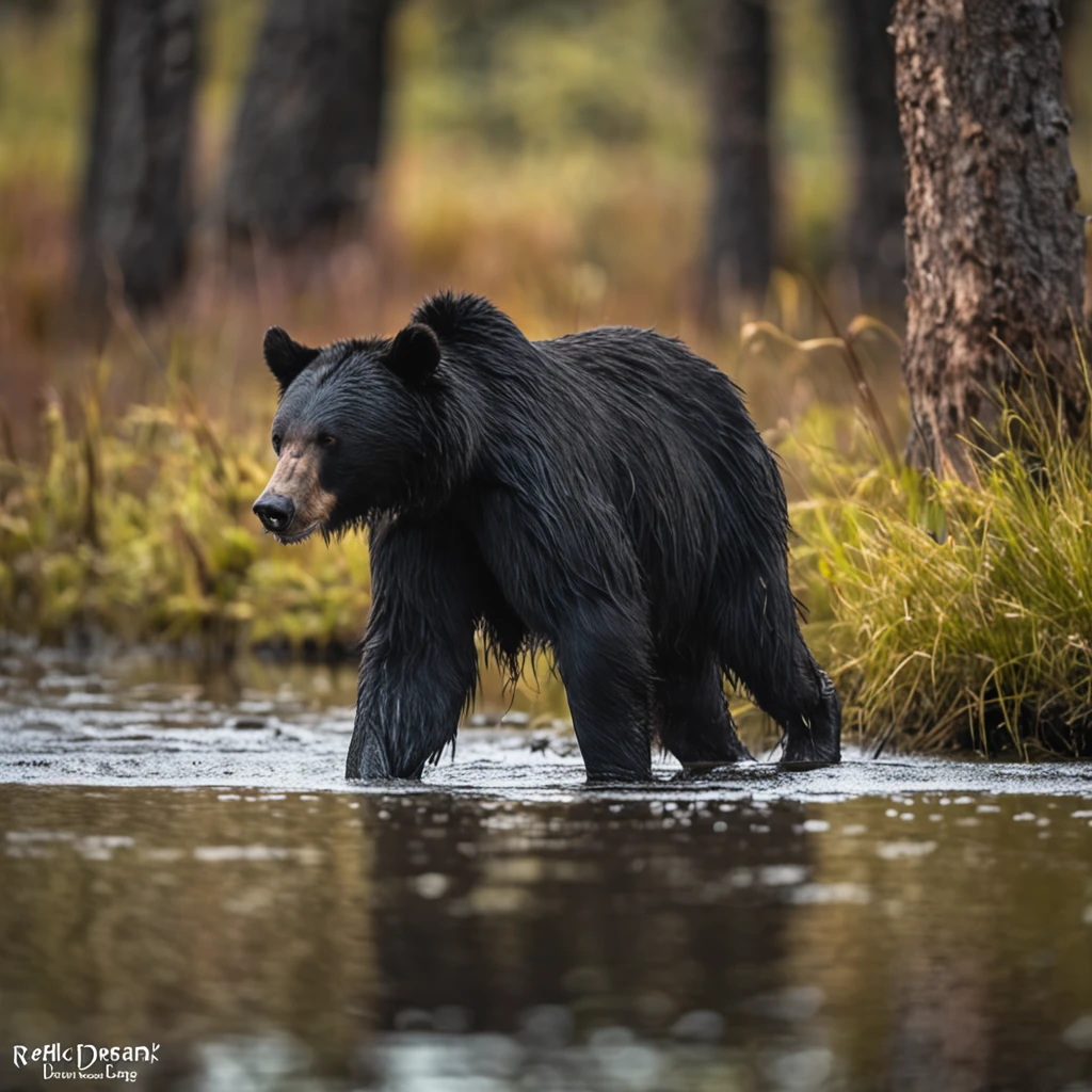 A 7-meter, red-eyed black bear walking on four legs in the swamp, their hair is shaggy, pontudos e resistente, longas garras e dentes, de seu corpo escorre um liquido venenoso, realista, arte digital premiada, energetic, (insanamente detalhado:1.5), fotografia de corpo inteiro, 20 megapixels, canon eos r3