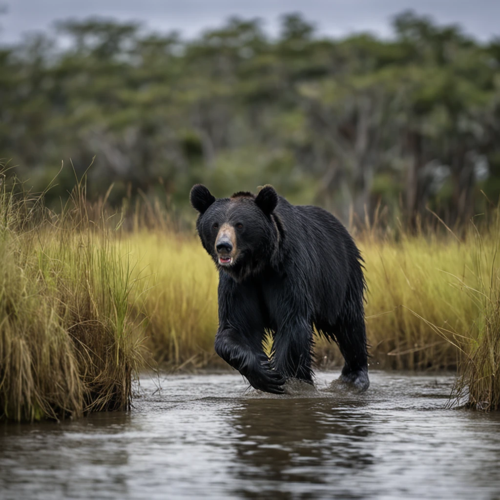 A 7-meter, red-eyed black bear walking on four legs in the swamp, their hair is shaggy, pontudos e resistente, longas garras e dentes, de seu corpo escorre um liquido venenoso, realista, arte digital premiada, energetic, (insanamente detalhado:1.5), fotografia de corpo inteiro, 20 megapixels, canon eos r3