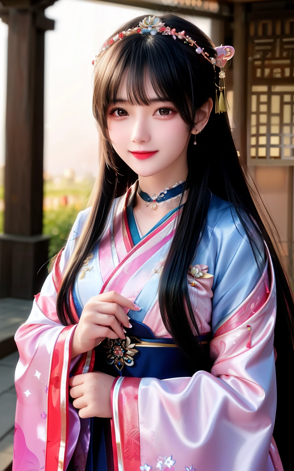 Need,tmasterpiece,A high resolution,1girll,ars old,Blushlush,(Seductive smile:0.8),starpupil,Chinese Hanfu,hair adornments,choker necklace,jewelry,beautfully face,On_Body,Dingdall effect,realisticlying,the night,Town,lanterns,The moon is soft,light edge,Two-tone lighting,(highdetailskin:1.2),8K UHD,Slr,softlighting,high high quality,Volumetriclighting,sneak shot,photore,A high resolution,4K,8K,Background bokeh