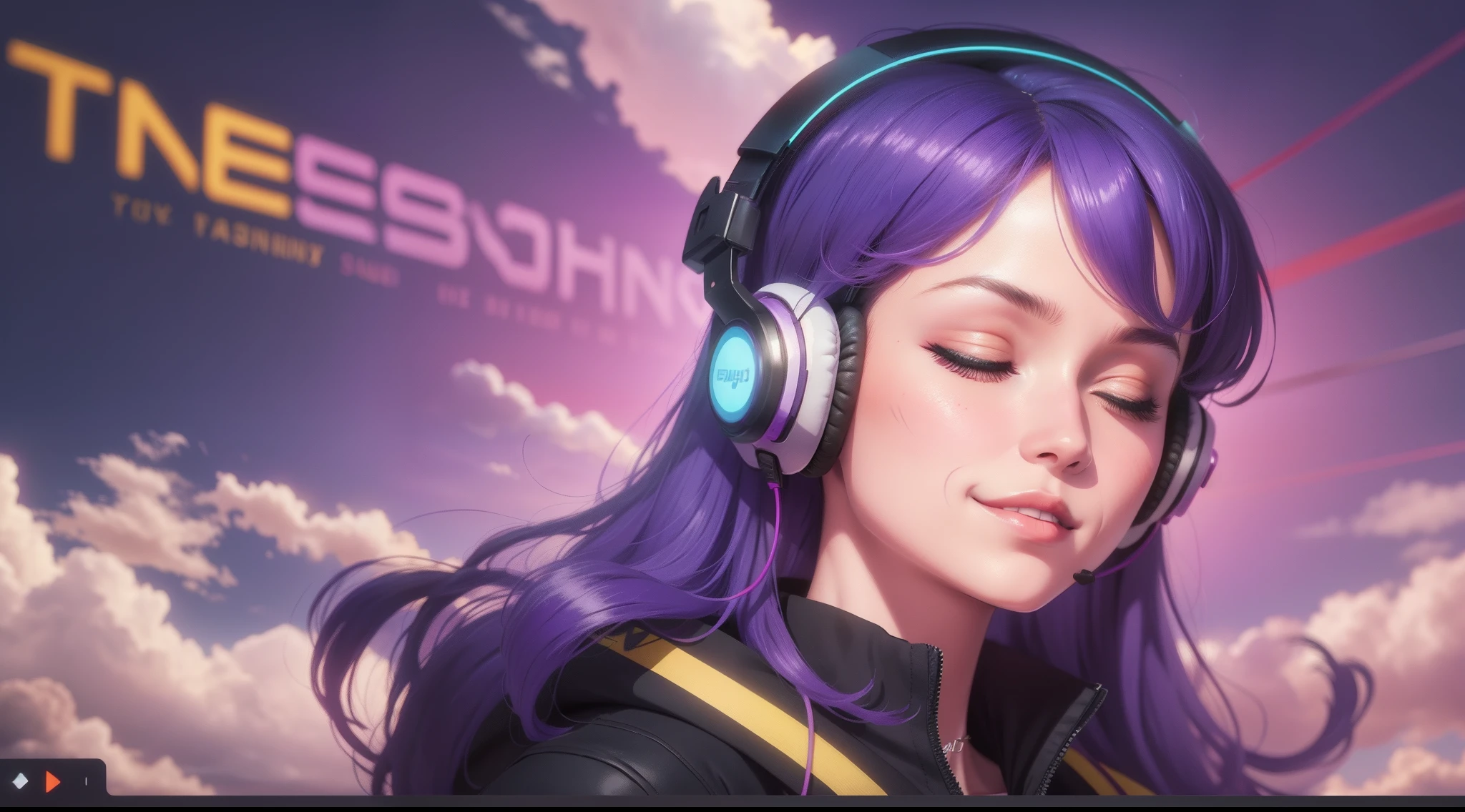 Woman with peace sense headset, closed eyes, beautiful face, RGB colors, purple hair, banner for youtube video, happy girl, clouds with RGB colors.