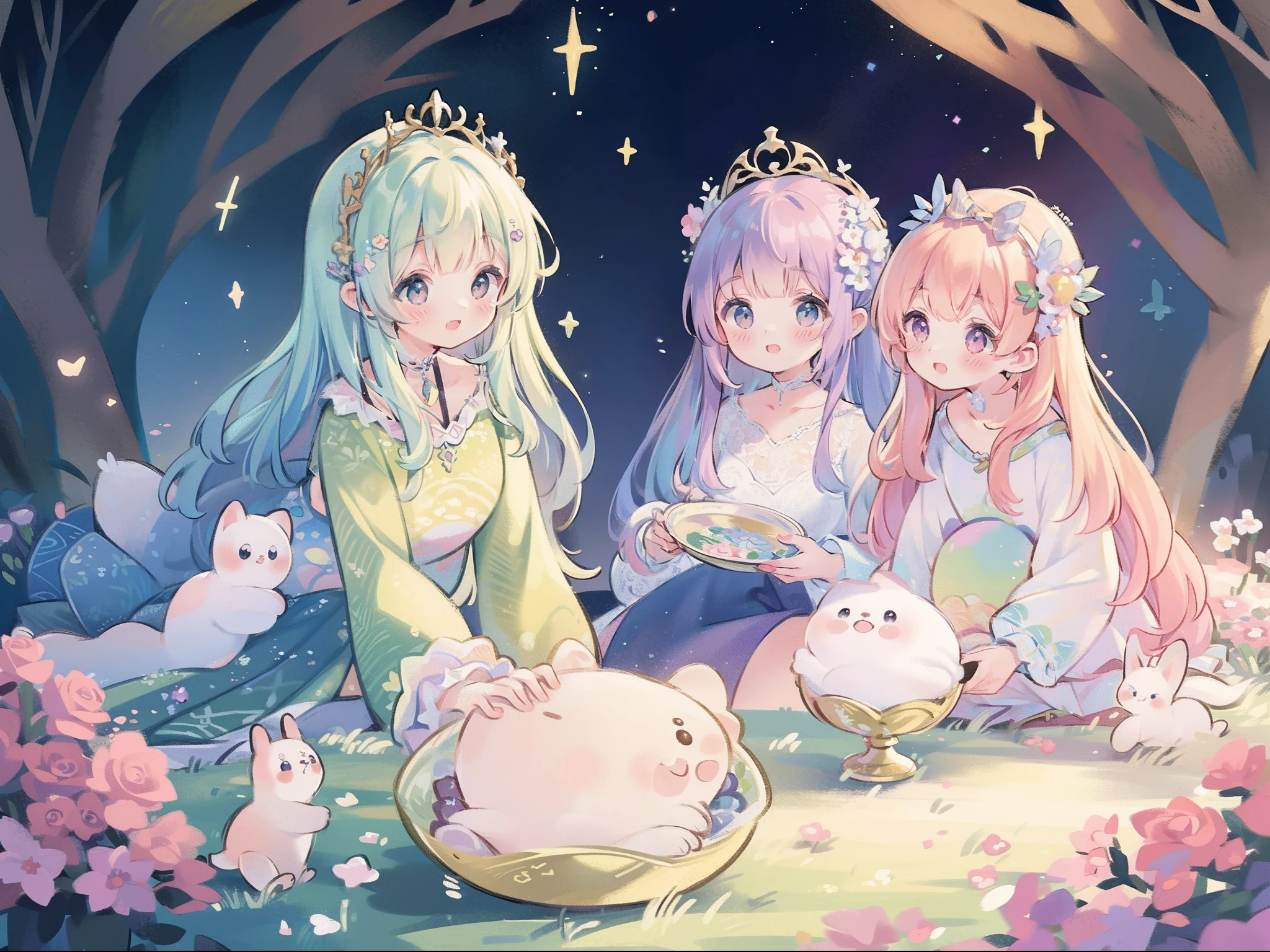masterpiece, best quality, 8k resolution, sharp focus, intricate detail, beautiful 3girls, sparkling eyes, golden ratio face, otherworldly liquid, watercolor, pastel colors, bright colors, whimsical, colorful, sharp focus, high resolution, fine detail, ((layered tiered puffy long sleeves ballgown)), ((round eyes)), iridescent bubbles, fantasia background