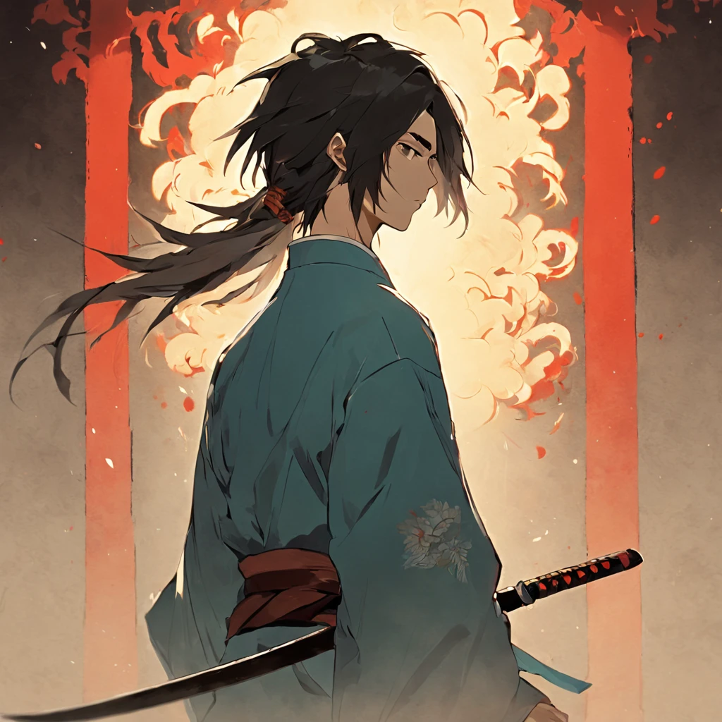 The back of a long-haired man holding a Tang knife,Simple painting style,Ink Chinese style painting technique,soio,the setting sun