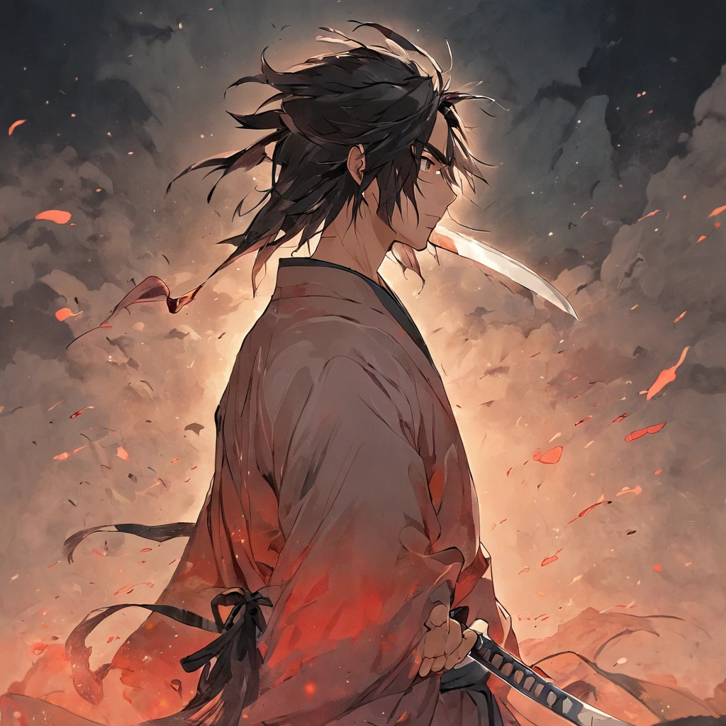 The back of a long-haired man holding a Tang knife,Simple painting style,Ink Chinese style painting technique,soio,the setting sun
