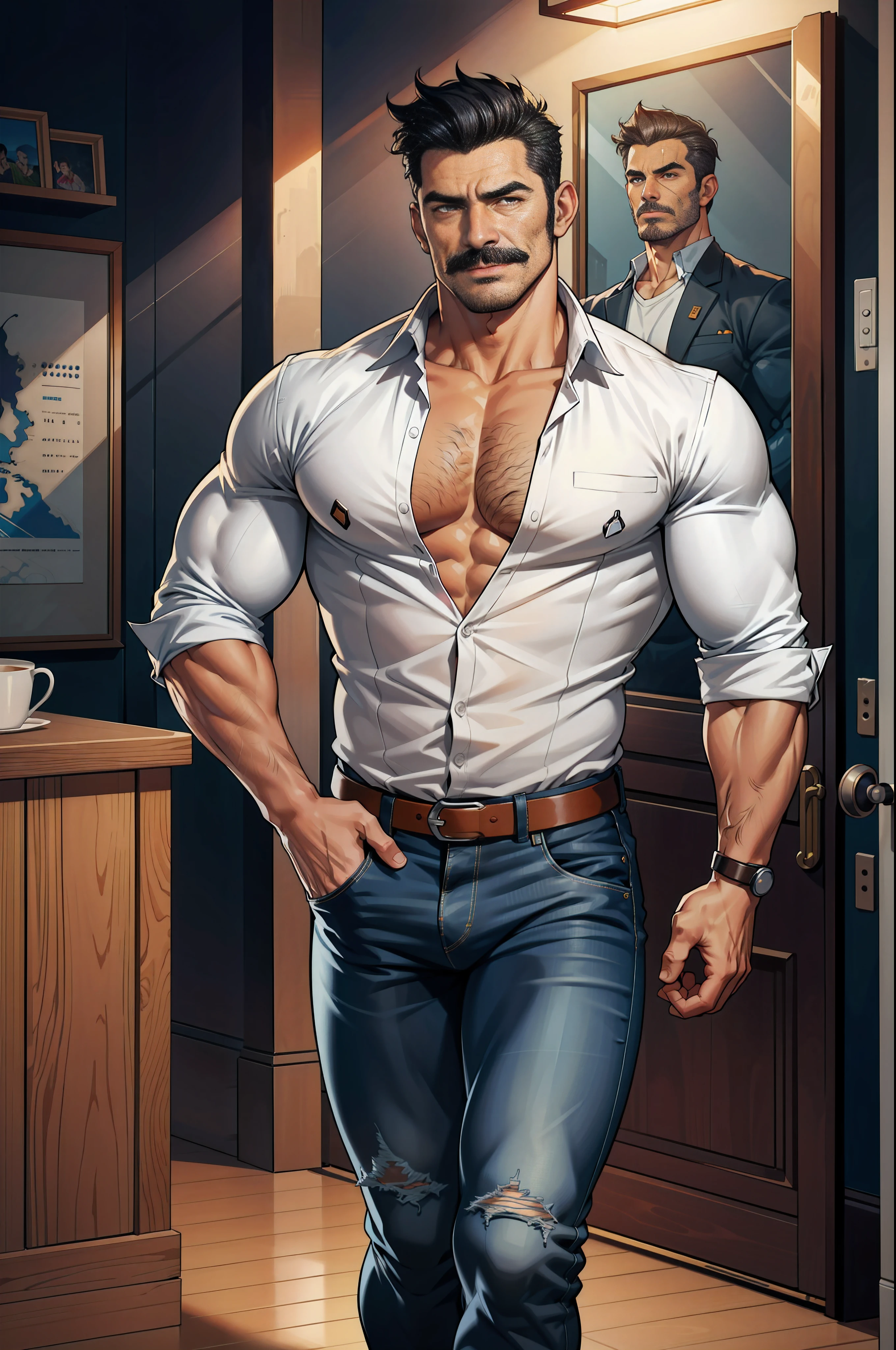 (original-art:1.2),(lineart:1.33), 1male, black hair, 1950s greaser, mature masculine muscular, handsome chisled facial features, muscular hairy body, 70s mustache, unbuttoned ripped white shirt, open shirt, taking his shirt off, un-zipped jeans, opened pants, taking his pants off, pubic hair, huge crotch bulge, sexy, hot, jock, erotic, (hyperdefined),(inked-art), hero-angle, masculine stance, erotica, full body shot, cartoon, indoor, dramatic lighting, sidelighting,complex lighting,(full vibrant colors),hatched-texture,(fine-details:1.2),absurdres,flat-colors,ultradetailed, city street,