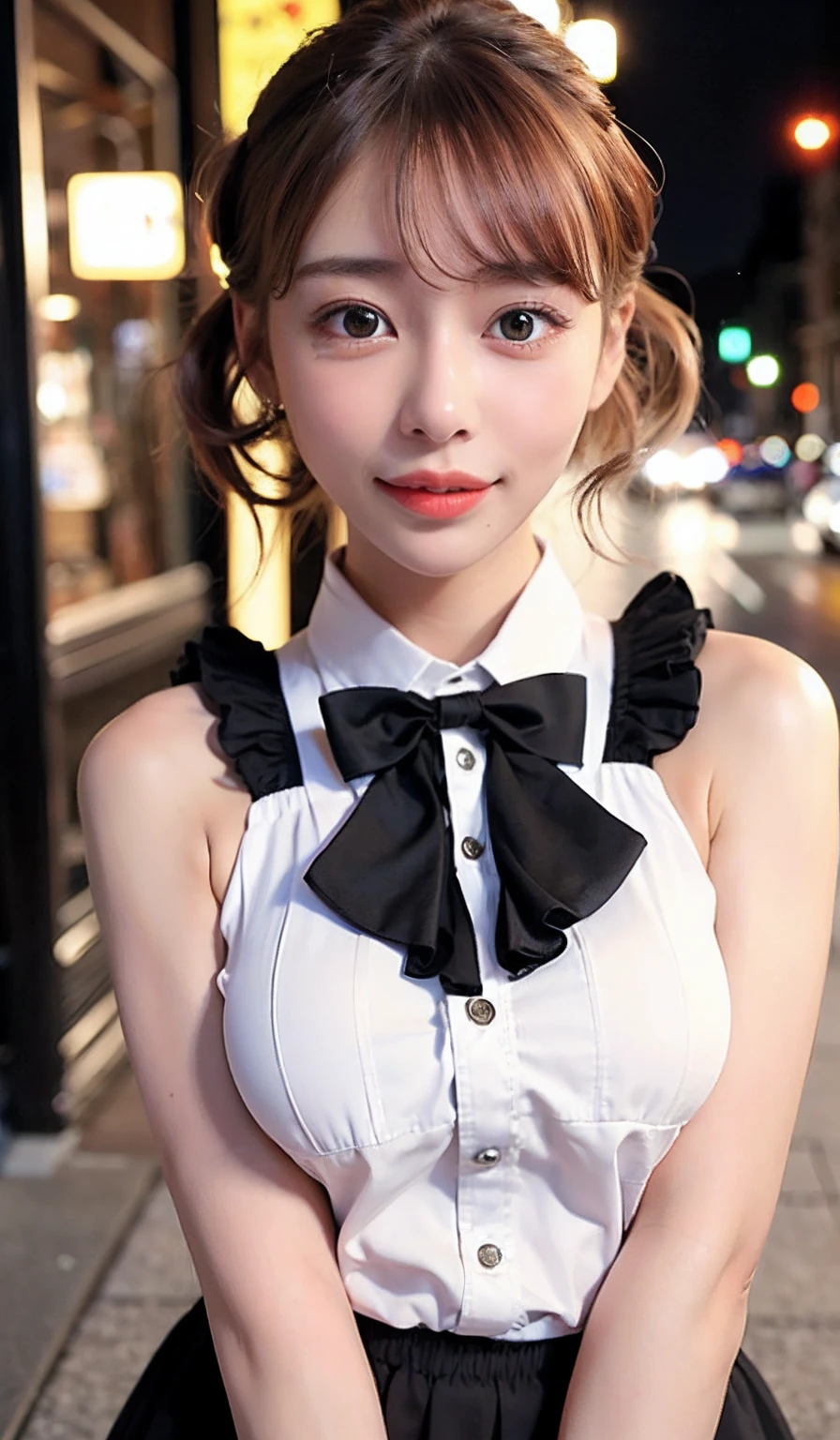 (8k, RAW photo, best quality, masterpiece:1.2), (realistic, photo-realistic:1.37), ultra-detailed,
1 girl,cute, solo,beautiful detailed sky,detailed tokyo street,night,
medium breasts,beautiful detailed eyes,(collared shirt:1.1), bowtie,pleated skirt,(short hair:1.2),floating hair