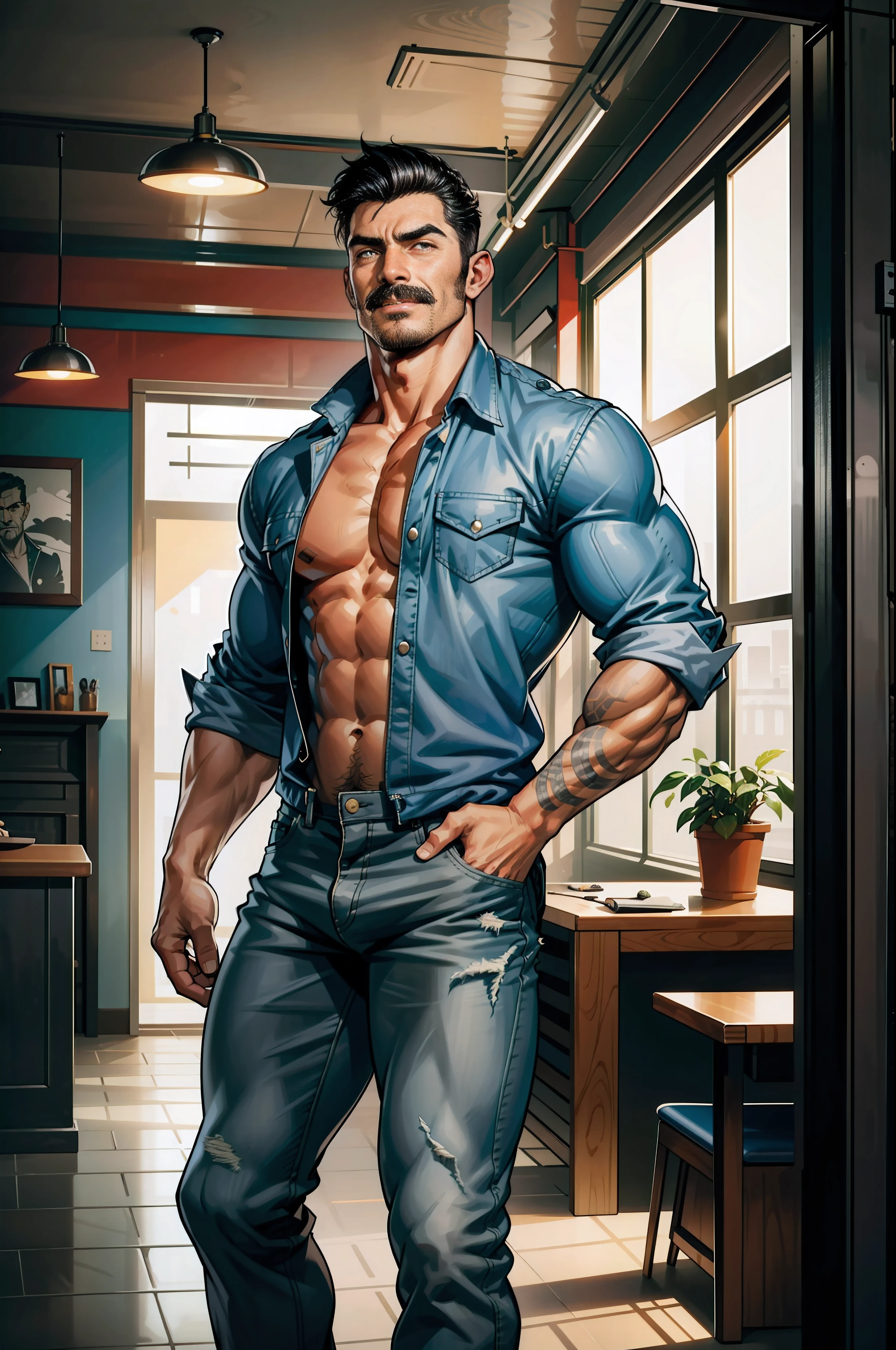 (original-art:1.2),(lineart:1.33), 1male, black hair, 1950s greaser, mature masculine muscular, handsome chisled facial features, muscular hairy body, 70s mustache, unbuttoned ripped white shirt, open shirt, un-zipped jeans, opened pants, pubic hair, huge crotch bulge, sexy, hot, jock, erotic, (hyperdefined),(inked-art), hero-angle, masculine stance, erotica, full body shot, cartoon, indoor, dramatic lighting, sidelighting,complex lighting,(full vibrant colors),hatched-texture,(fine-details:1.2),absurdres,flat-colors,ultradetailed, city street,