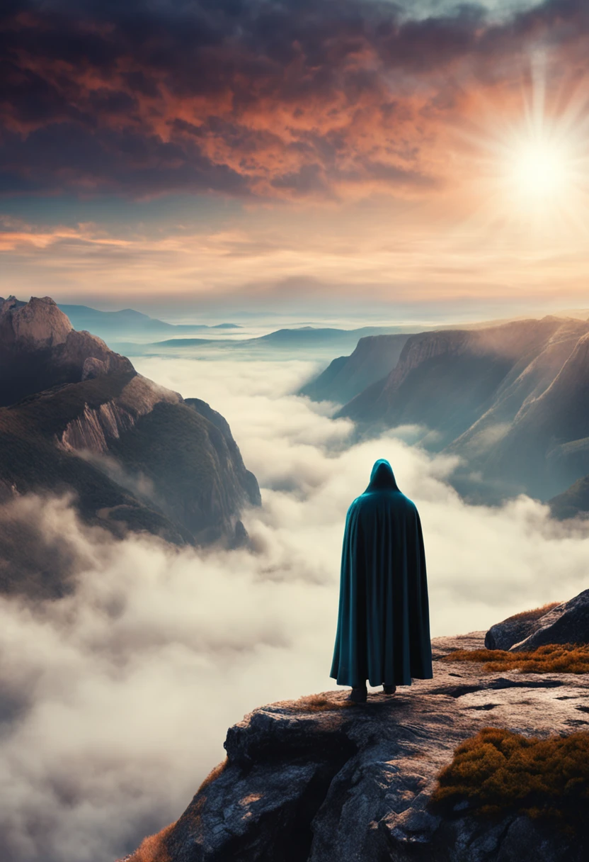 A mysterious figure shrouded in shadows, Stand on top of a rugged cliff，Complex textures，Overlooking the expansive view, Sea of Mist. (symbol: Cloak, Style: Atmospheric)