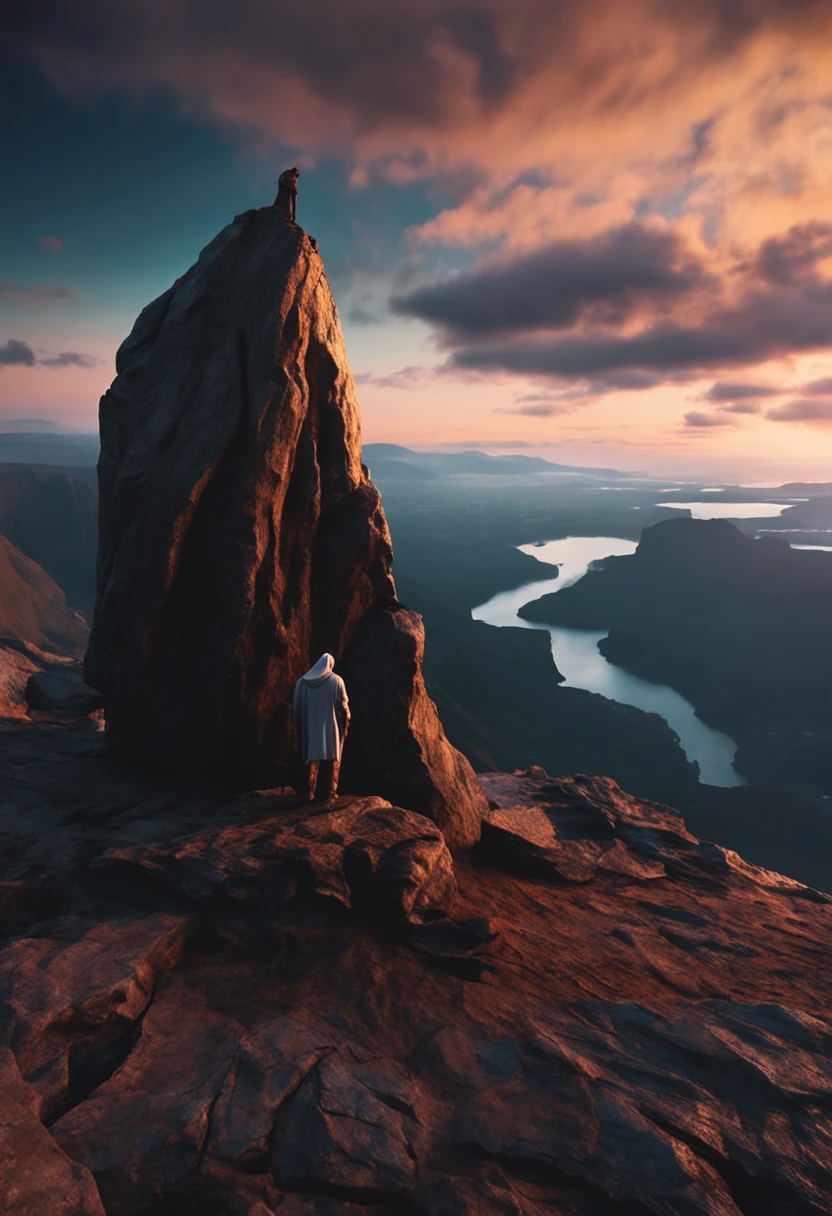 A mysterious figure shrouded in shadows, Stand on top of a rugged cliff，Complex textures，Overlooking the expansive view, Sea of Mist. (symbol: Cloak, Style: Atmospheric)