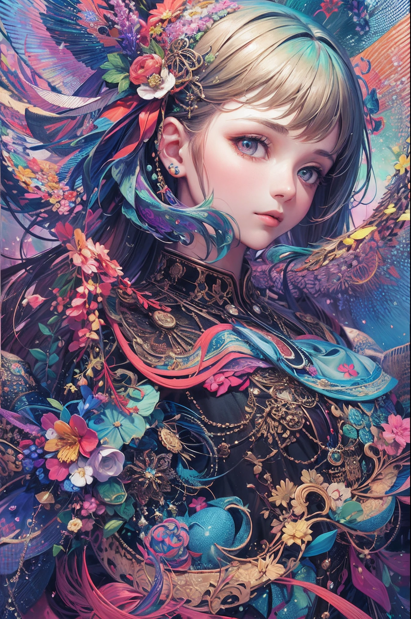 tmasterpiece,top Quority,best qualtiy,offcial art,(Beauty and aesthetics:1.2),1girll,Extremely detailed,(s fractal art:1.3),extremely colorful,Most detailed,bust,Overlooking,A picture that combines virtual and real,dynamic viewing angle。