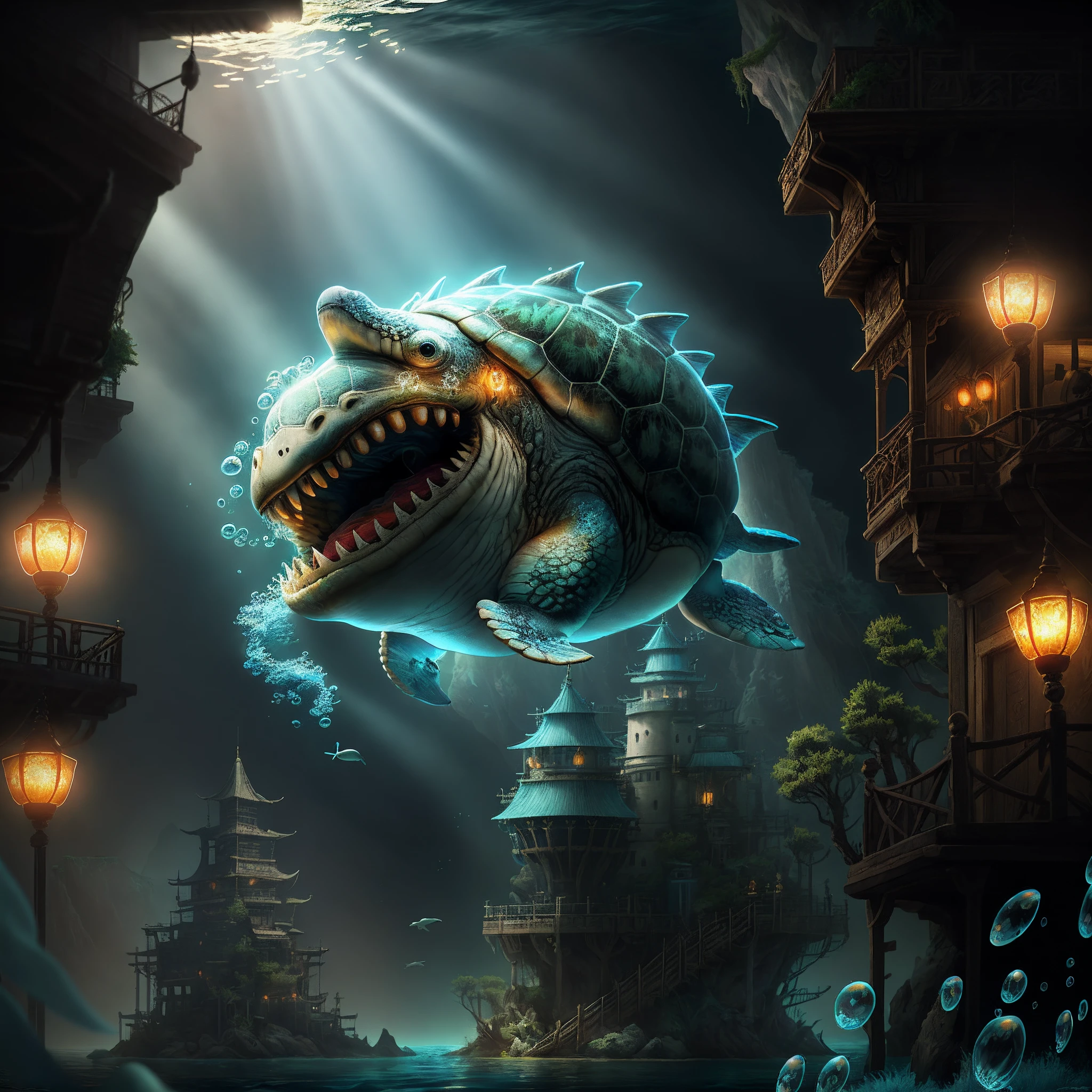 (underwater water world), there is a picture of an underwater scene with a castle, underwater city, underwater temple, underwater city, underwater temple, underwater temple with fish, masterpiece underwater scene, underwater temple The scene, the lost city of Atlantis, the underwater environment, the underwater environment, the ancient Chinese palace, (the little girl rides a whale and swims from afar), corals, sea turtles, jellyfish, many colorful sea fish, works of masters, Best picture quality, higher quality, high detail, super high resolution, depth of field, telephoto lens, glowing skin, abstract background, girl, beautiful girl, single person, long hair, sea, liquid background, colorful bubbles, fantasy , Cinematic Lighting, Ambiance Lighting, Natural Light Masterpiece, Best Quality, High Quality, Extremely Detailed CG Unity 8k Wallpaper, Oil Painting, Award Winning Photography, (Vision), Depth of Field, OC, Glow, Chromatic Aberration, Photorealism, Very detailed