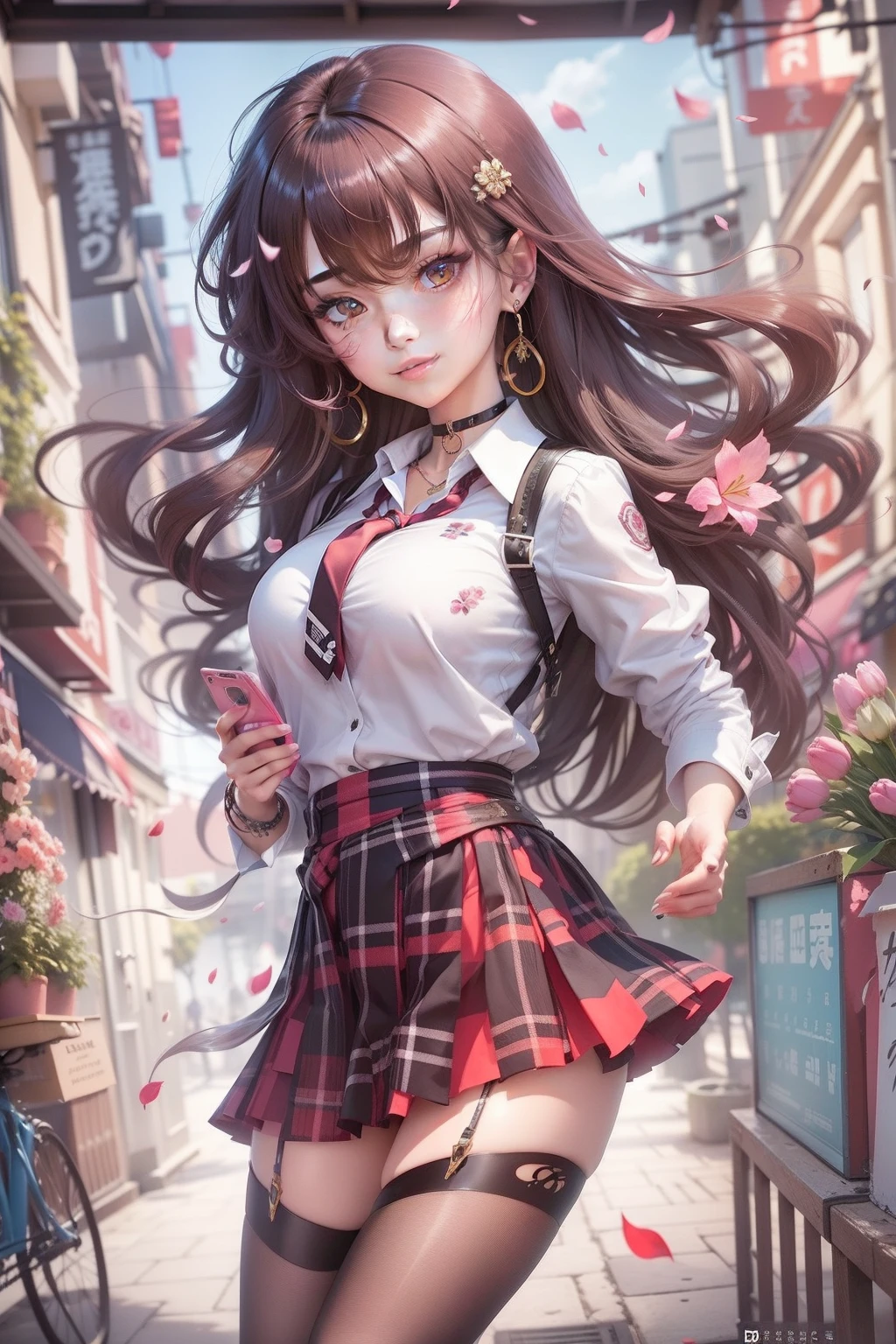 tmasterpiece, top-quality, full body Esbian, 1girl in, By bangs, Black choker, black necktie, brunette color hair, blue skirts, Red blush, bangle, nedium breasts, choker necklace, clothes around waist, 鎖骨, Shirt with collar, cow boy shot, Formal shirts, ear piercings, Eyebrows visible through hair, gradation hair, Grinning, gals, jewely, kogal, long whitr hair, looking at viewert, Loose tie, Neck tie, nipple piercing, tartan, Plaid skirts, pleatedskirt, red eyes, gyuru, 校服, The shirt, skirt by the, A smile, 独奏, white shirt, A street, Skysky, the cherry trees, Flower petals,tulips,Diagrams, (MagazineCover:1.3), (Cover-style:1.3), Fashionab, femele, with a vibrant, garments, lewd poses, frontage, Colorful, Dynamic, Background with, element, self-assured, Expressing the, ngel, statement, accessorized, A majestic, coil, enviroment, Touch, The scene, Texting, covers, It's bold, grab attention, titles, Stylish, font, It's catchy, titles, The large, Impressive, moderno, Trendy, Focus, Fashionab,