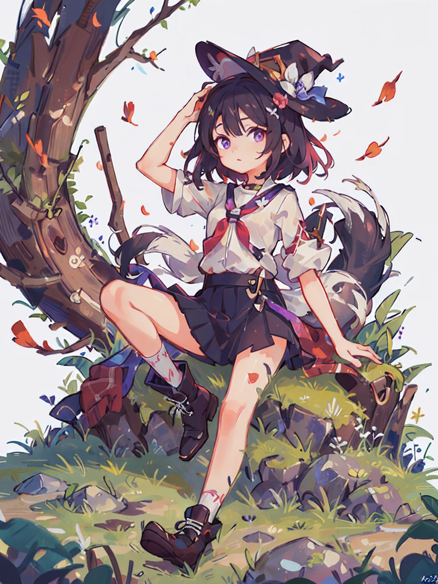 (best quality),(masterpiece:1.2), (highres), (extremely detailed), (highly detailed face), (highly detailed eyes), whole body, 1girl, (solo) , radiance, small breasts, (colorful hair:1.2) ,(colorful eyes), double tail, (falling petals:1.2), short hair, shirt, skirt, leg, foot, boots, dark purple hair, witch hat on head, tilting head, hand on head, looking at viewer, black sox, cute pose, fox ear, fox tail, simple white background, fox girl