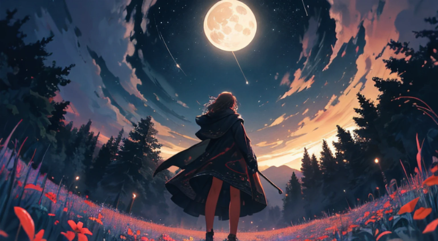((Best Quality)), ((Masterpiece)), Vast Landscape Photo, (From below, the sky above and the open field below), a girl standing on a flower field looking up, (Full Moon: 1.2), (Meteor: 0.9), (Nebula: 1.3), Far Mountains, Trees BREAK Making Art, (Warm Light Source: 1.2), (Firefly: 1.2), Lamps, Lots of Purple and Orange, Intricate Detailing, Volumetric Lighting, Realism BREAK (Masterpiece: 1.2), (Best Quality), 4K, Ultra-Detailed, (Dynamic Composition: 1.4), Very Detailed, Rich Detail, (Iridescent Colors: 1.2), (Glow, Atmospheric Lighting), Dreamy, Magical, (Solo: 1.2), Depth of Field, Maximum Sharpness and Clarity, Perfect Proportions,