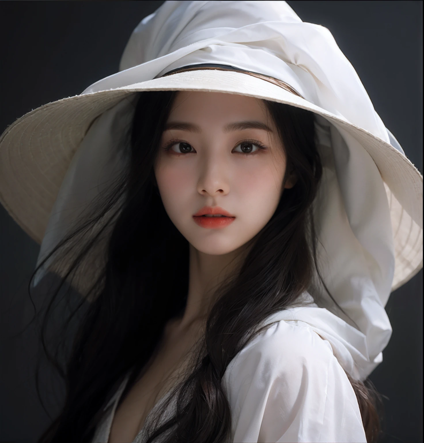 Arad woman in a white hat and white dress, author:Xia Yong, Beautiful young Korean woman, beautiful Korean women, a beautiful woman in white aodai, Gorgeous young Korean woman, author:Zhang Han, Korean woman, young cute wan asian face, Realistic. Cheng Yi, author:Yu Zheding, Portrait photo of a beautiful, Soft portrait shot 8 K, wearing white silk hood