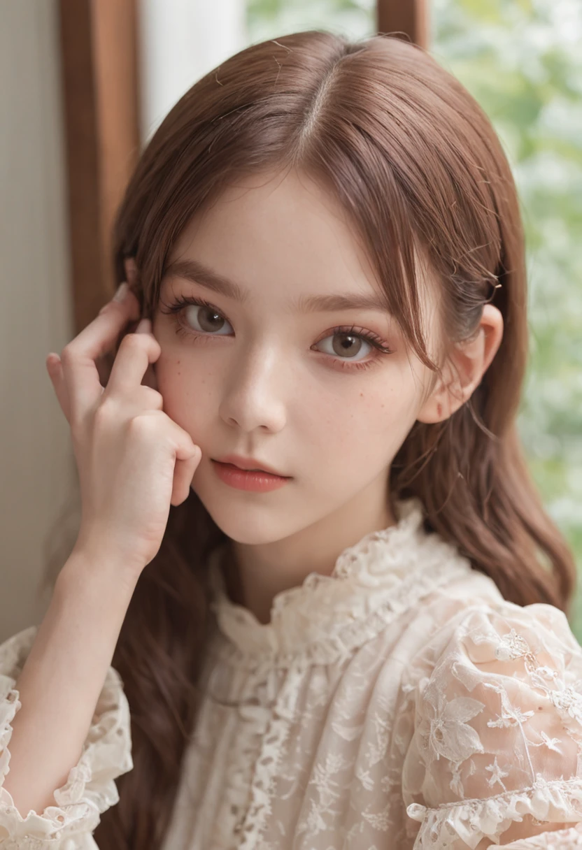 (One lady)、lolita、、kawaii、Big eyes、eyes gentle、Instagram Photos、Authentic Photos、natural atmosphere、Realistic、Brown hair color