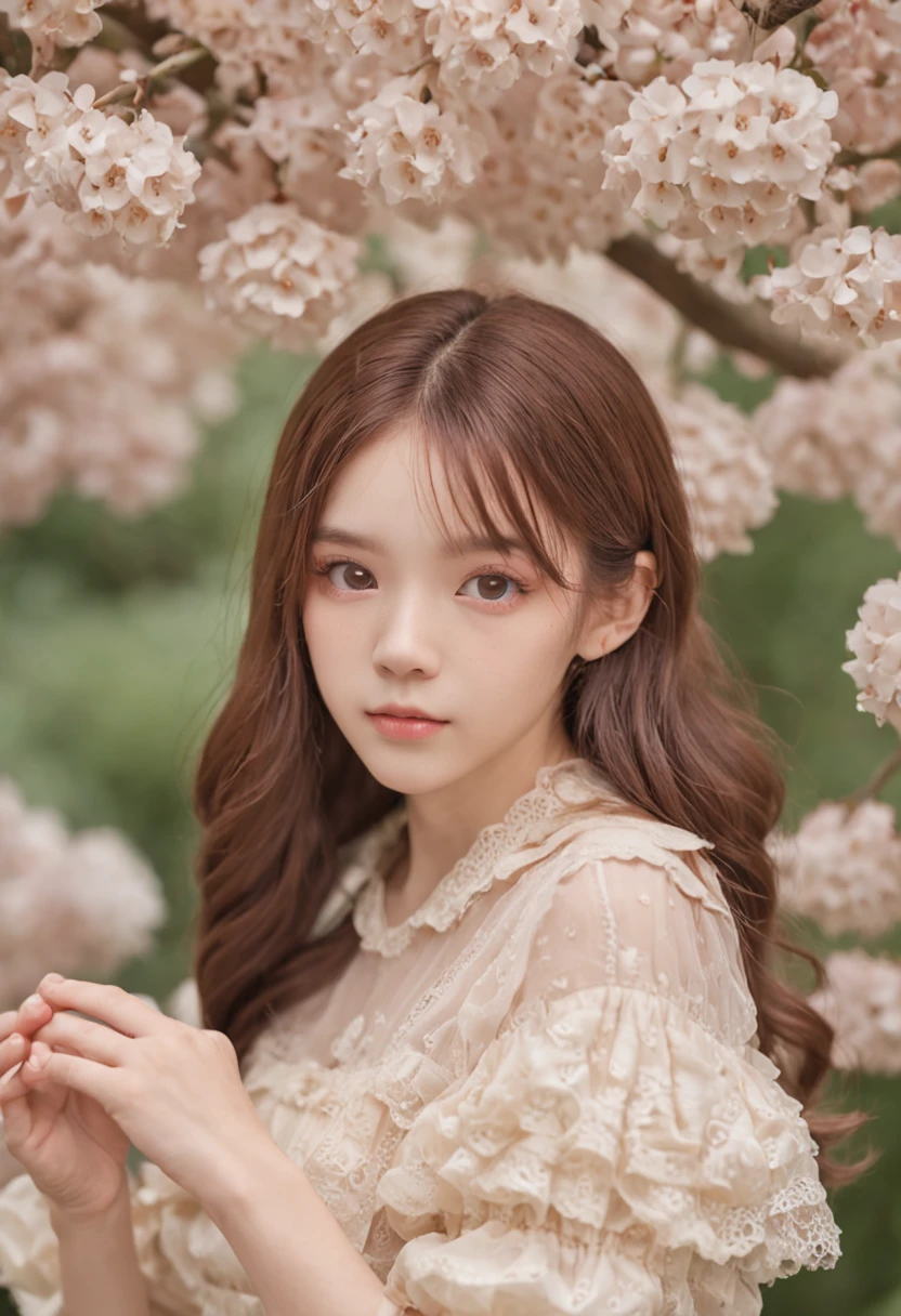 (One lady)、lolita、sixteen years old、kawaii、Big eyes、eyes gentle、Instagram Photos、Authentic Photos、natural atmosphere、Realistic、Brown hair color