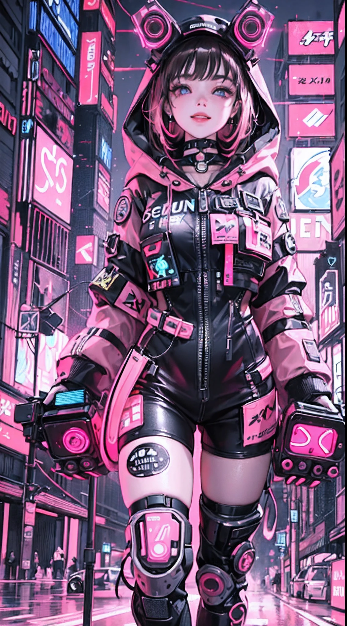 (1girl in)、(Plump beauty)、(30-years old)、(A dark-haired)、(Top image quality)、(8K picture quality)、(cyberpunked)、(masutepiece)、(Wearing a shiny cyberpunk hooded military uniform)、(confident grin:1.2)、(Full body photo)、(An excessive amount of glowing flowers fly:1.5)、cinematric light, Cinema Shadow, Sharp Image, Extremely detailed, Volumetric, Bright sprites, particles effect, beautiful effects, Vivid colors, neons, (Pink neon light:1.5), Highly detailed image textures, detailed hairs, Detailed face, Detailed eyes, Full body photo, city、Dark hair、Sparkling red aura、Photo from the knee up、beautiful effects, Vivid colors, Highly detailed image textures, detailed hairs, Detailed eyes,(Cyberpunk cityscape:1.5)、