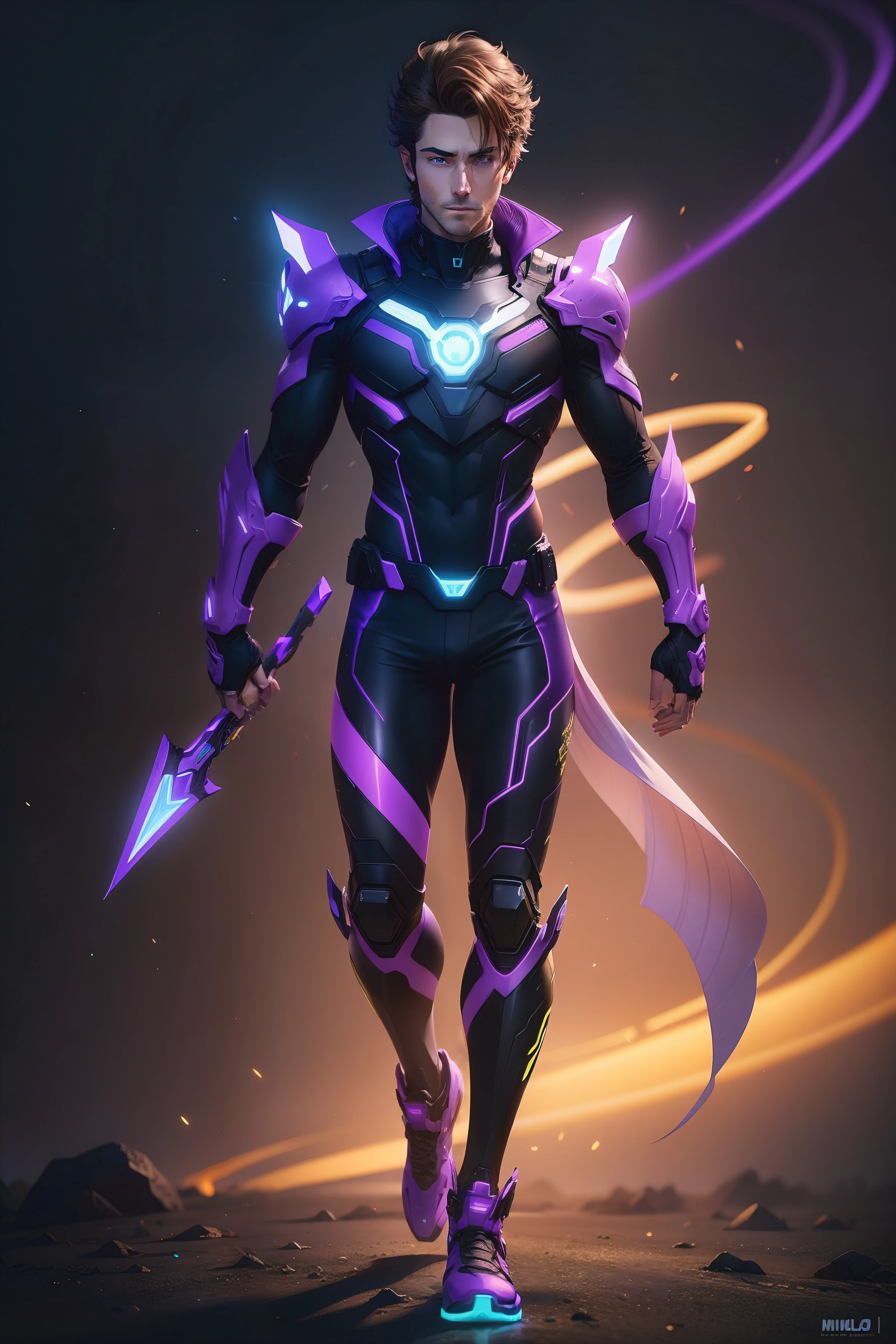 arafed image of a man, blue eyed, modeled in signature poser, brown hairs, full body single character, full body character, single character full body, maxwell render, full body render, male character, neon yellow and purple highlights to specific parts of the character, like hair tips, clothing accents, or accessories, Surround the man with animated neon accents, like swirling particles or streaks of light in yellow and purple, background is a gradient of neon yellow and purple