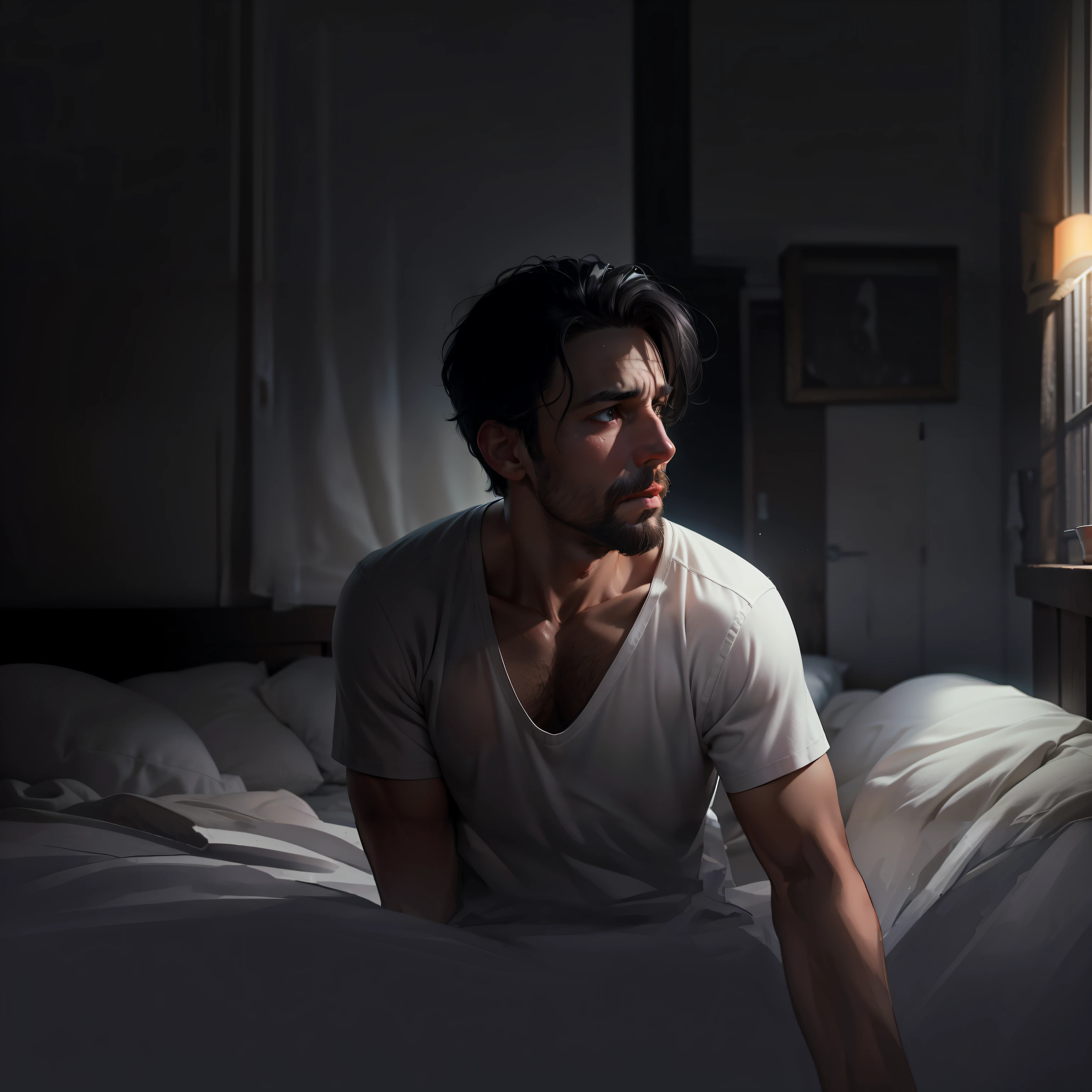 There is a man sitting on a bed in the dark - SeaArt AI