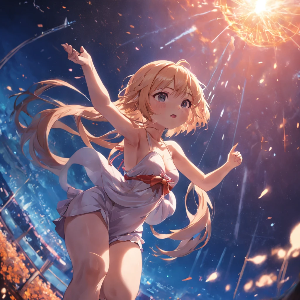 tmasterpiece,best qualtiy,cinematic Film still from,1girl,Cloud Girl,sexy beauty,climaxing,Floating in the sky,closeup cleavage,brightly,cheerfulness,Warm and soft lighting,the sunset,(spark of light:0.7)