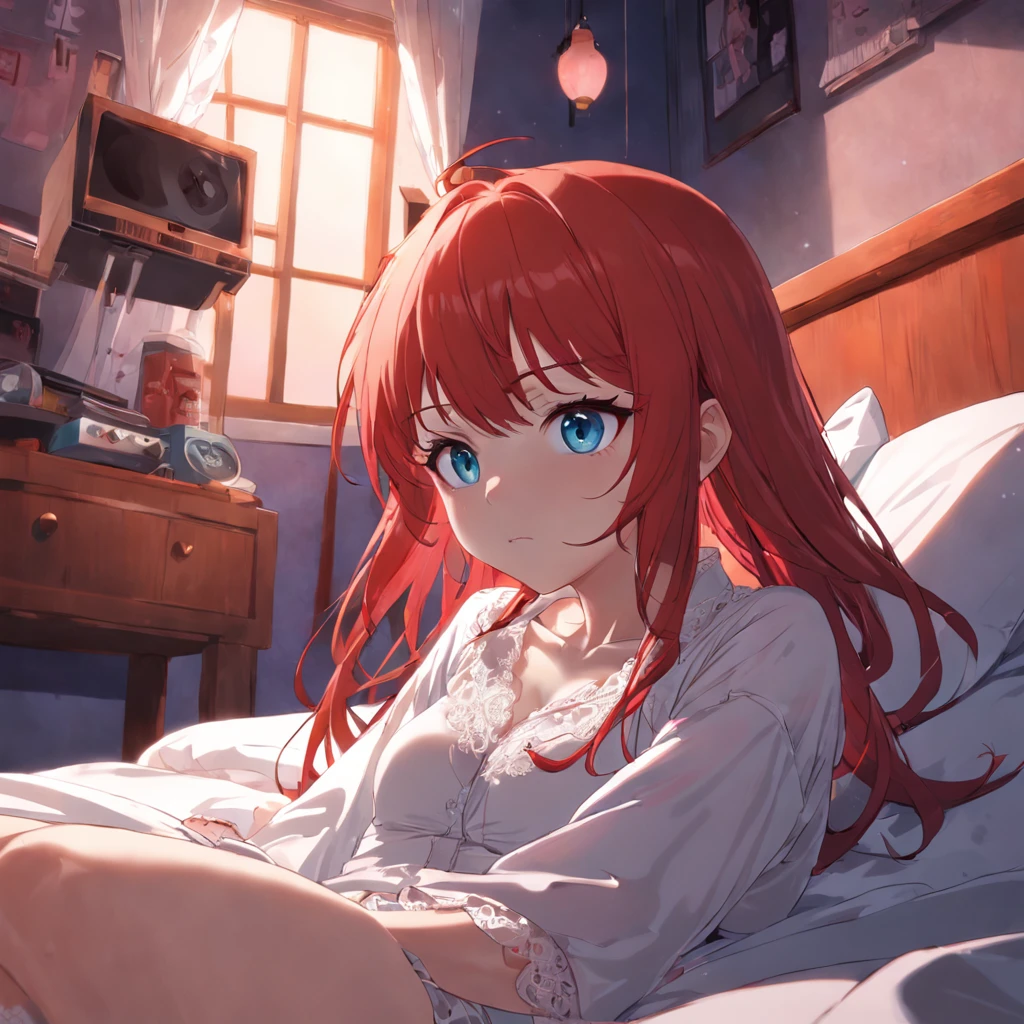 Bedrooms,redheadwear,red - eyed,s girl,White lace pajamas,Lying on a white bed,