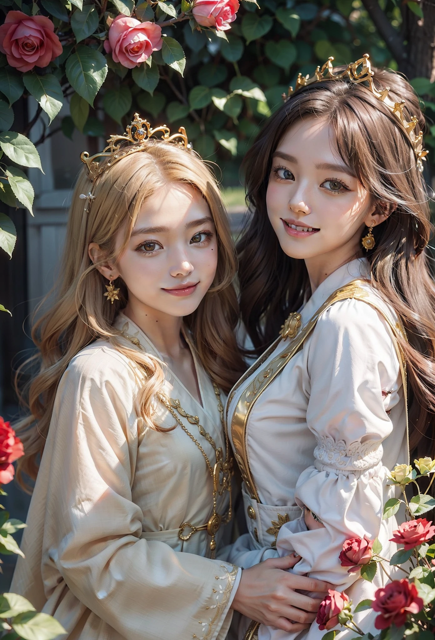Only the smile of 2 cute girls、duo,Golden eyes、Golden hair、full of roses、crowns、