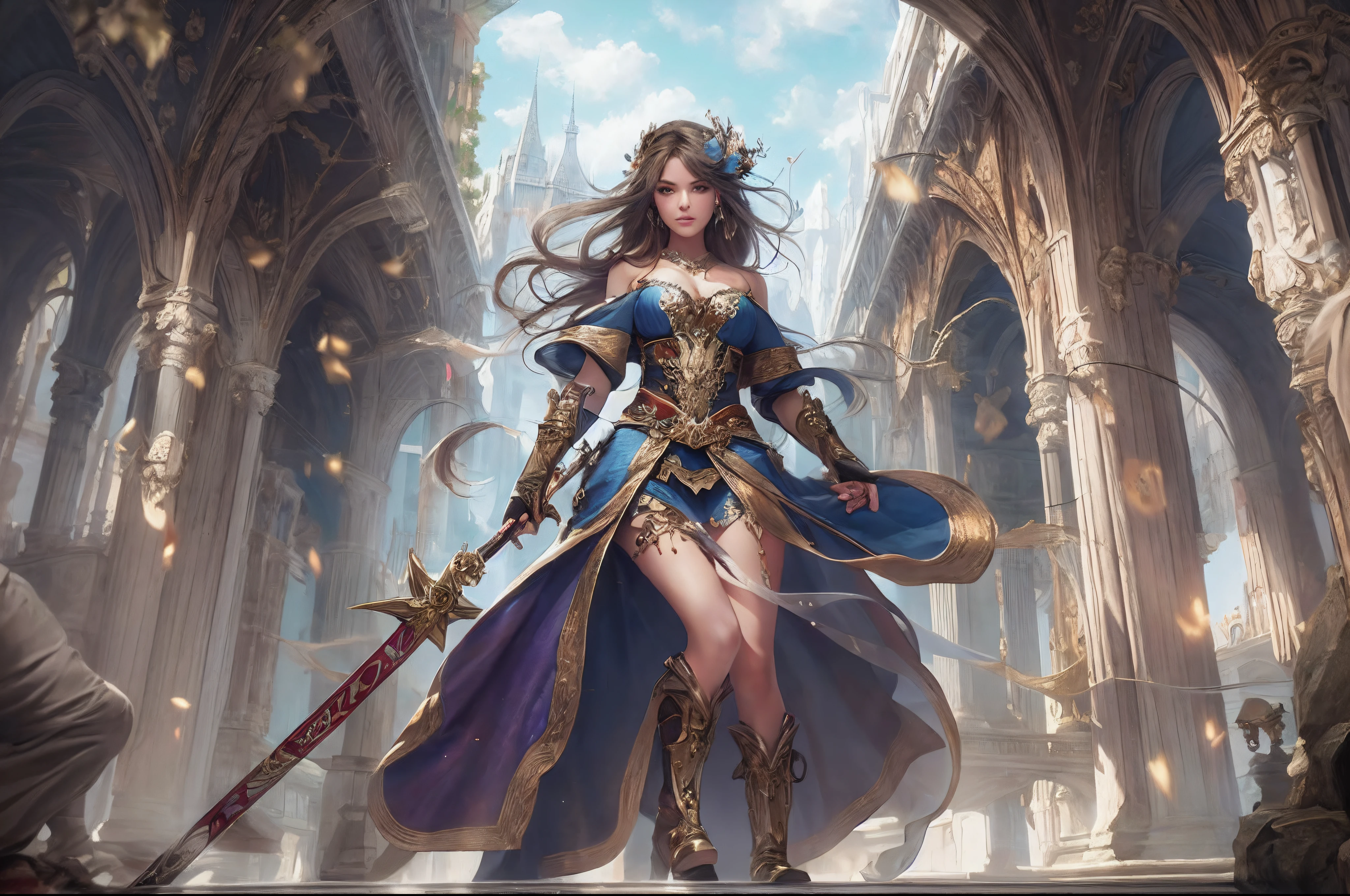 uma imagem de um elfo feminino (Detalhes intensos, master part, best quality: 1.5) fantasia swashbuckler |, esgrimista de fantasia, armado com uma espada fina, Espada Brilhante, metallic luster, roupas coloridas, Dynamic clothing, an Ultra long launch, corpo inteiro (Detalhes intensos, master part, best quality: 1.5)cute epic female elf (Detalhes intensos, master part, best quality: 1.5), cabelos ricos, braided hair, Orelhas pontiagudas pequenas, Rua Urbana Fantasia (Detalhes intensos, master part, best quality: 1.5),  capa roxa, Capa comprida (Detalhes intensos, master part, best quality: 1.5), senso de ousadia, senso de aventura,  detalhes altos, best quality, 8k, [Ultra Detalhado], master part, best quality, (extremamente detalhado), Dynamic angle, Ultra long launch, fotorrealista, ..RAW, Arte de Fantasia, DND Arte,Arte de Fantasia, Arte realista,