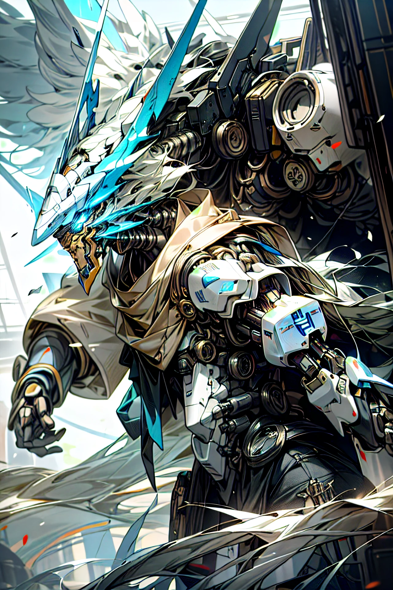 tmasterpiece,Best quality at best,Exquisite,(Dynamic angles),floatking,(Detailed light),Dappled light and shadow,(城市,城市),large tall,shock,spectacular,the detail,Mecha parts,Important parts,high detal,exquisitedetails,Exquisite parts,giant mecha,((Mecha mask,Blue head structure,The helmet is in a T-shape,Emits blue light,Crusader voyeur,in mecha style)),(Single mech),((Blue and white staggered,Blue-white body,The waist has a large number of mechanical parts,Complexity)),Blue-white legs,Mechanical wings,((heavy metal style,Cyber friend style,Futuristic,A sense of shock,mechs)),(massiness,mega,heaviness)