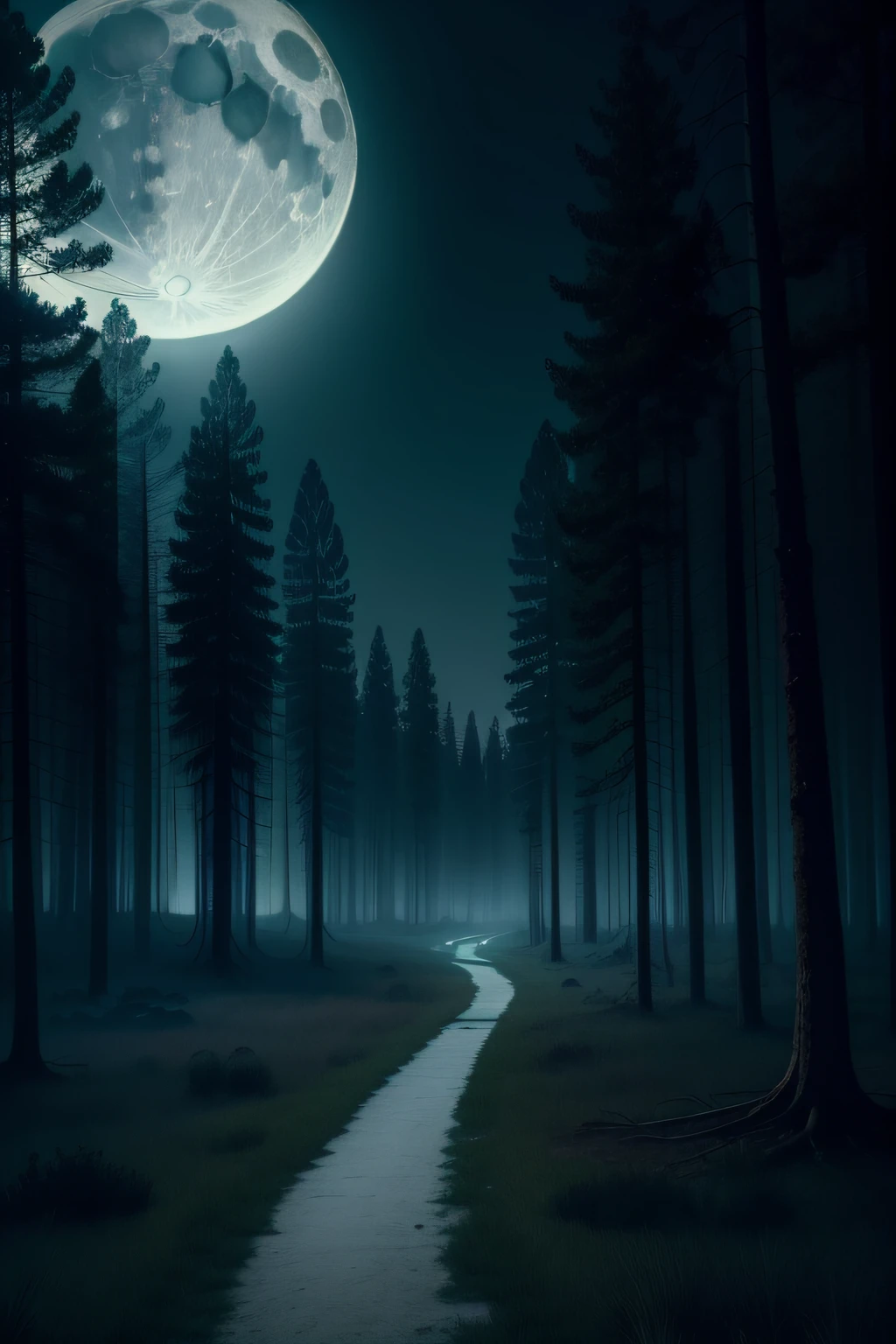 Positive perspective，pine woods，Dim environment，the night，The moon is empty，Spooky and terrifying