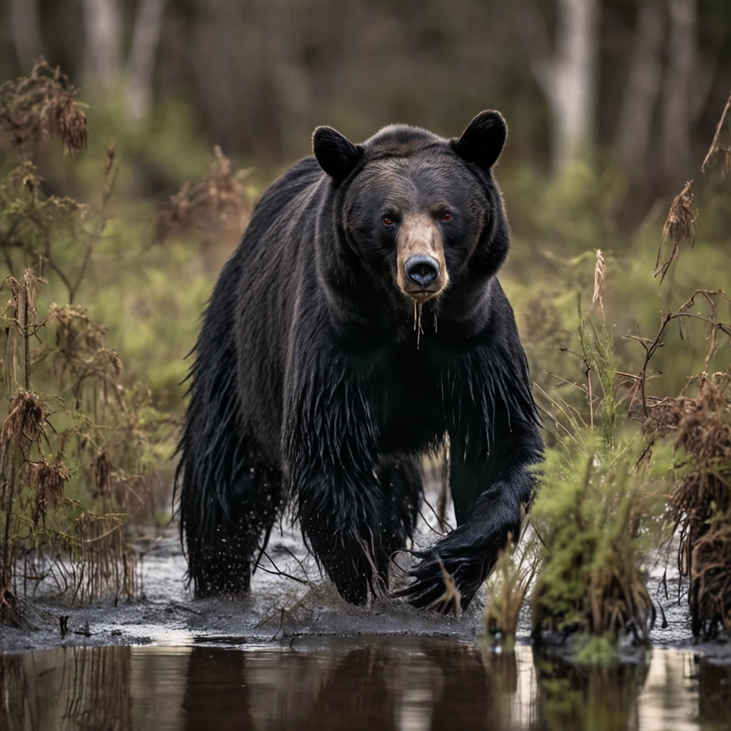 A 7-meter, red-eyed black bear walking on four legs in the swamp, their hair is shaggy, pontudos e resistente, longas garras e dentes, de seu corpo escorre um liquido venenoso, realista, arte digital premiada, energetic, (insanamente detalhado:1.5), fotografia de corpo inteiro, medieval, RPG, D&D, 20 megapixels, canon eos r3