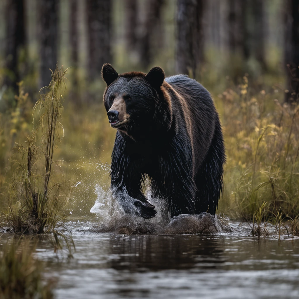 A 7-meter, red-eyed black bear walking on four legs in the swamp, their hair is shaggy, pontudos e resistente, longas garras e dentes, de seu corpo escorre um liquido venenoso, realista, arte digital premiada, energetic, (insanamente detalhado:1.5), fotografia de corpo inteiro, medieval, RPG, D&D, 20 megapixels, canon eos r3