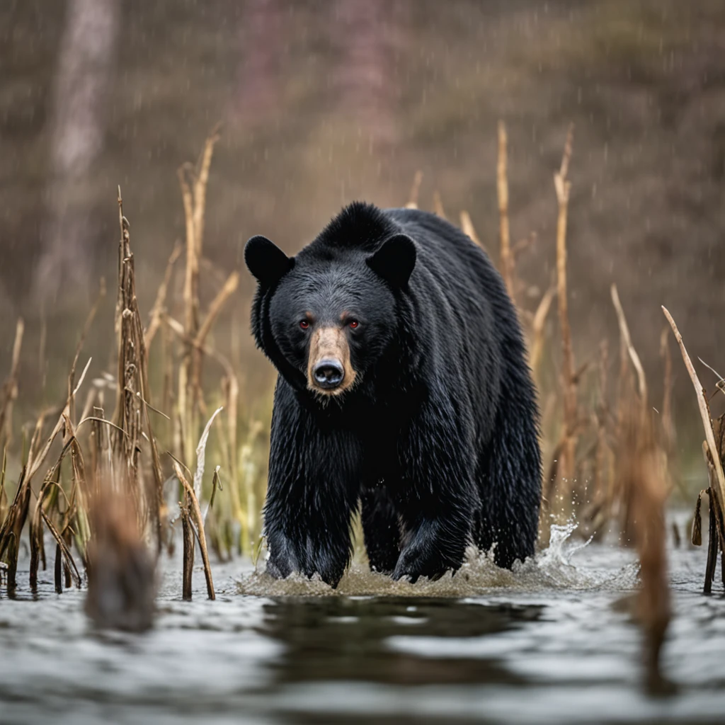 A 7-meter, red-eyed black bear walking on four legs in the swamp, their hair is shaggy, pontudos e resistente, longas garras e dentes, de seu corpo escorre um liquido venenoso, realista, arte digital premiada, energetic, (insanamente detalhado:1.5), fotografia de corpo inteiro, medieval, RPG, D&D, 20 megapixels, canon eos r3