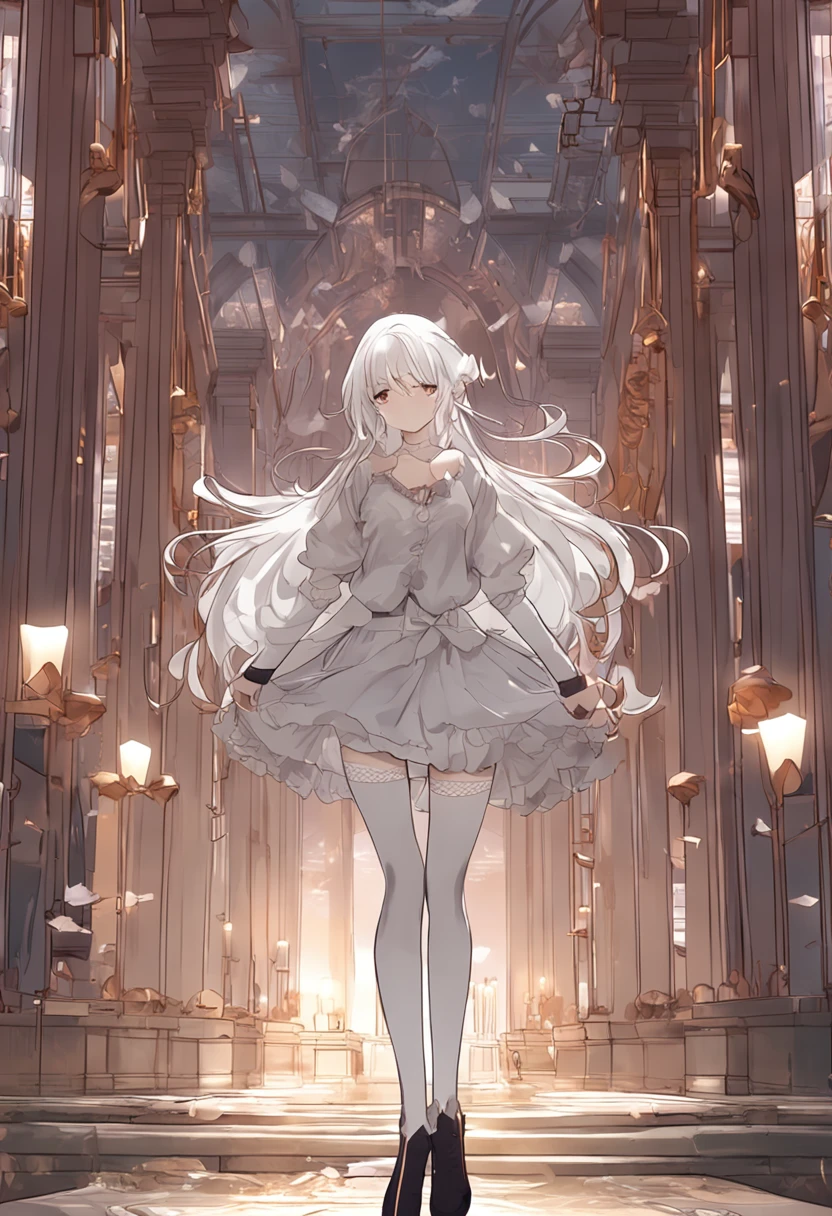 White hair, Anime Beautiful Girl,Long white stockings,Lift the skirt with both hands,White panties leaking out
