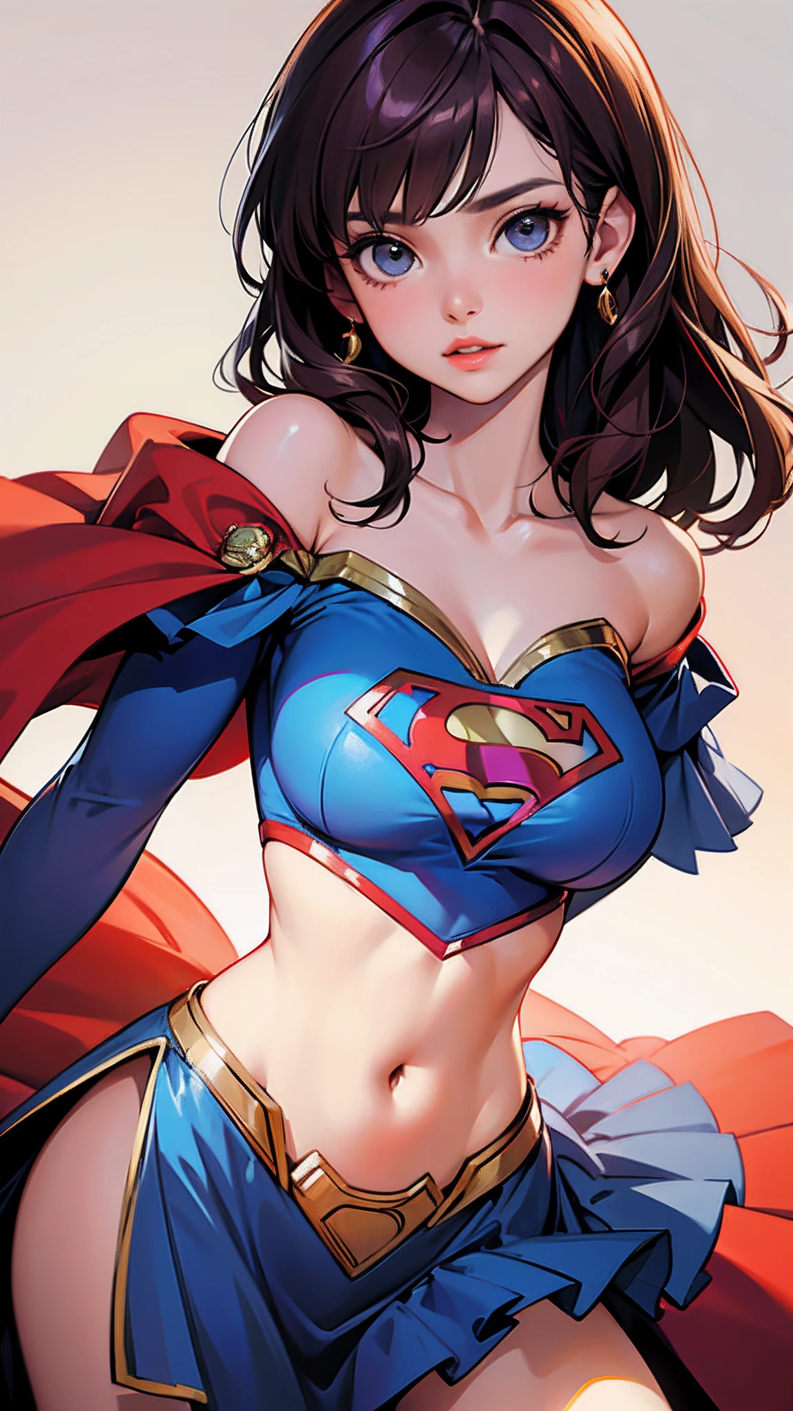 1gril,Woman body set big breasts,Supergirl costume dress,Cut clothes,Close-up,Off-the-shoulder attire,Charming,perfect bodies,the street,nabel,brunette color hair