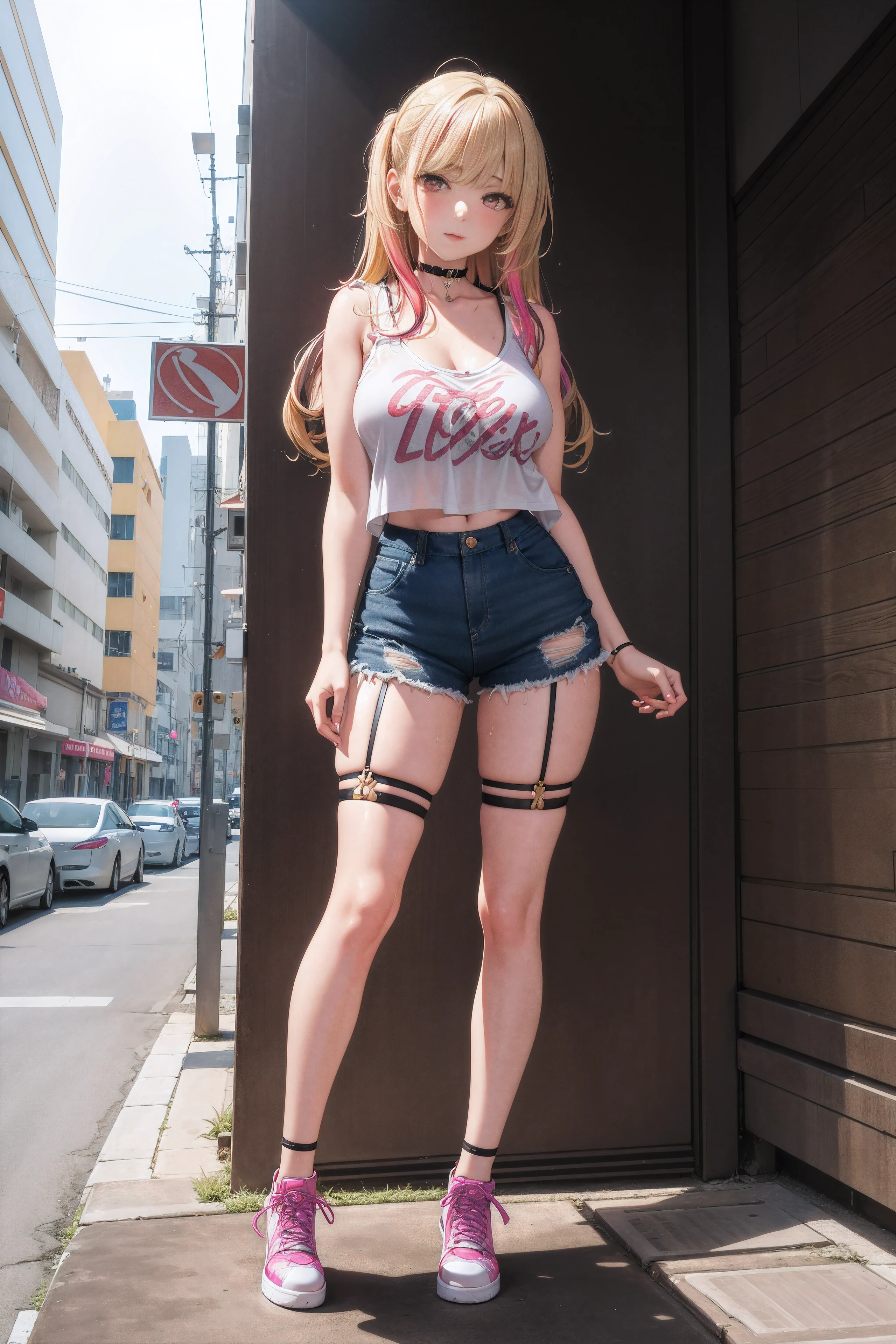 gyaru, Medium hair, Wet hair, hair slicked back, view the viewer, Multicolored eyes, Large breasts, Sleeveless shirt, Short shorts, The shirt, Neck garter, Sam_polypubic hair, Crotch_Cord,upper legs，blacksilk，Full body photo，standing on your feet